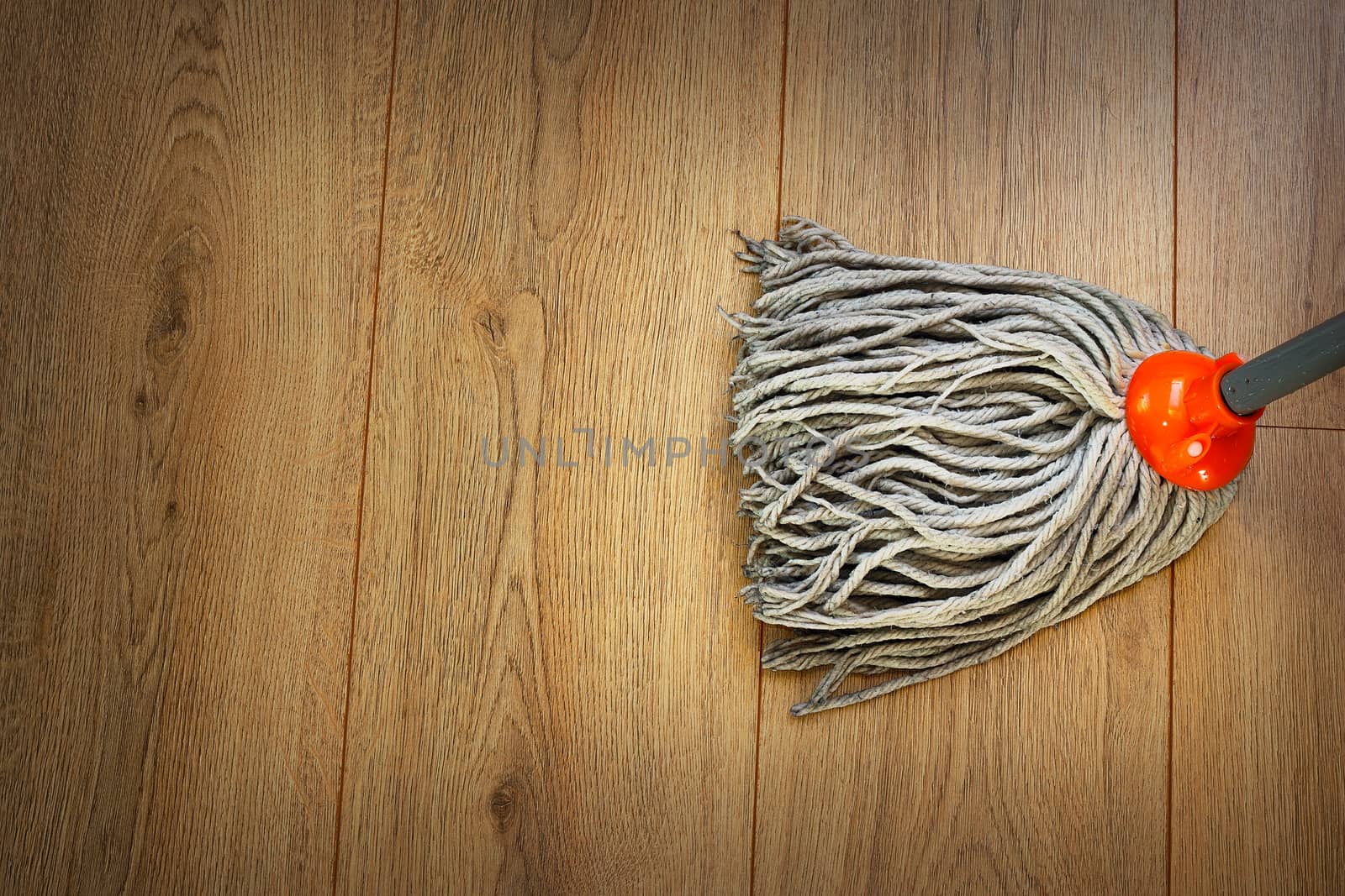 detail of a mop on wooden parquet by taviphoto