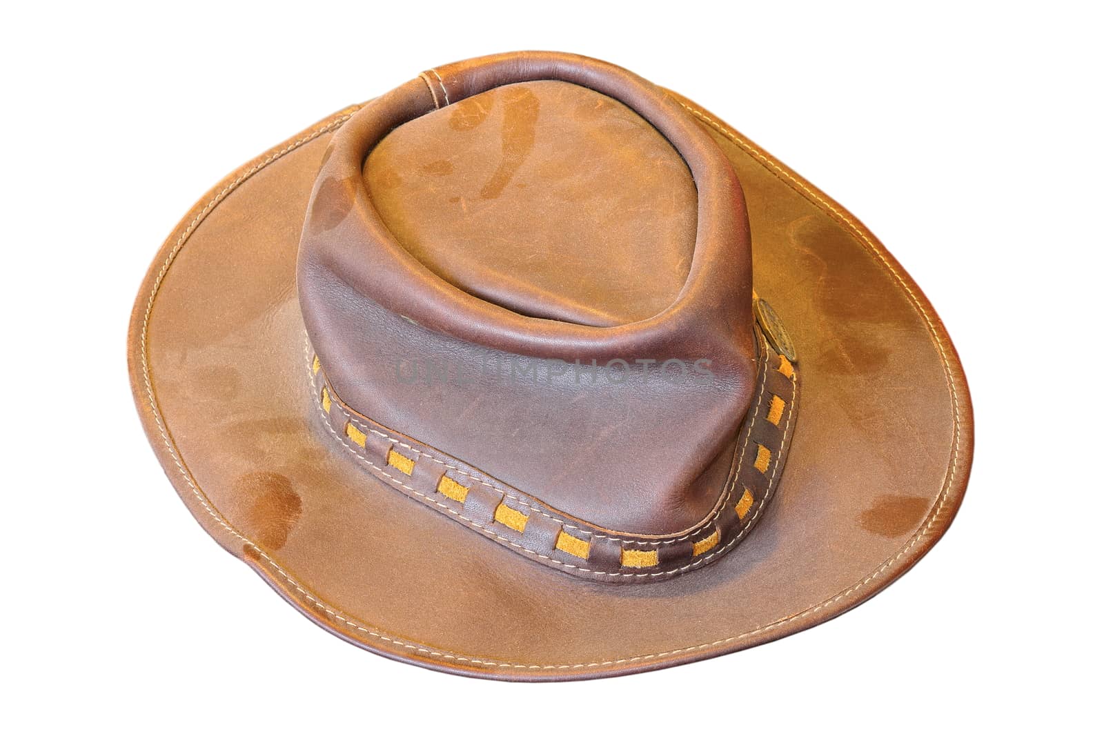 old dusty hat made of real leather, isolation over white background