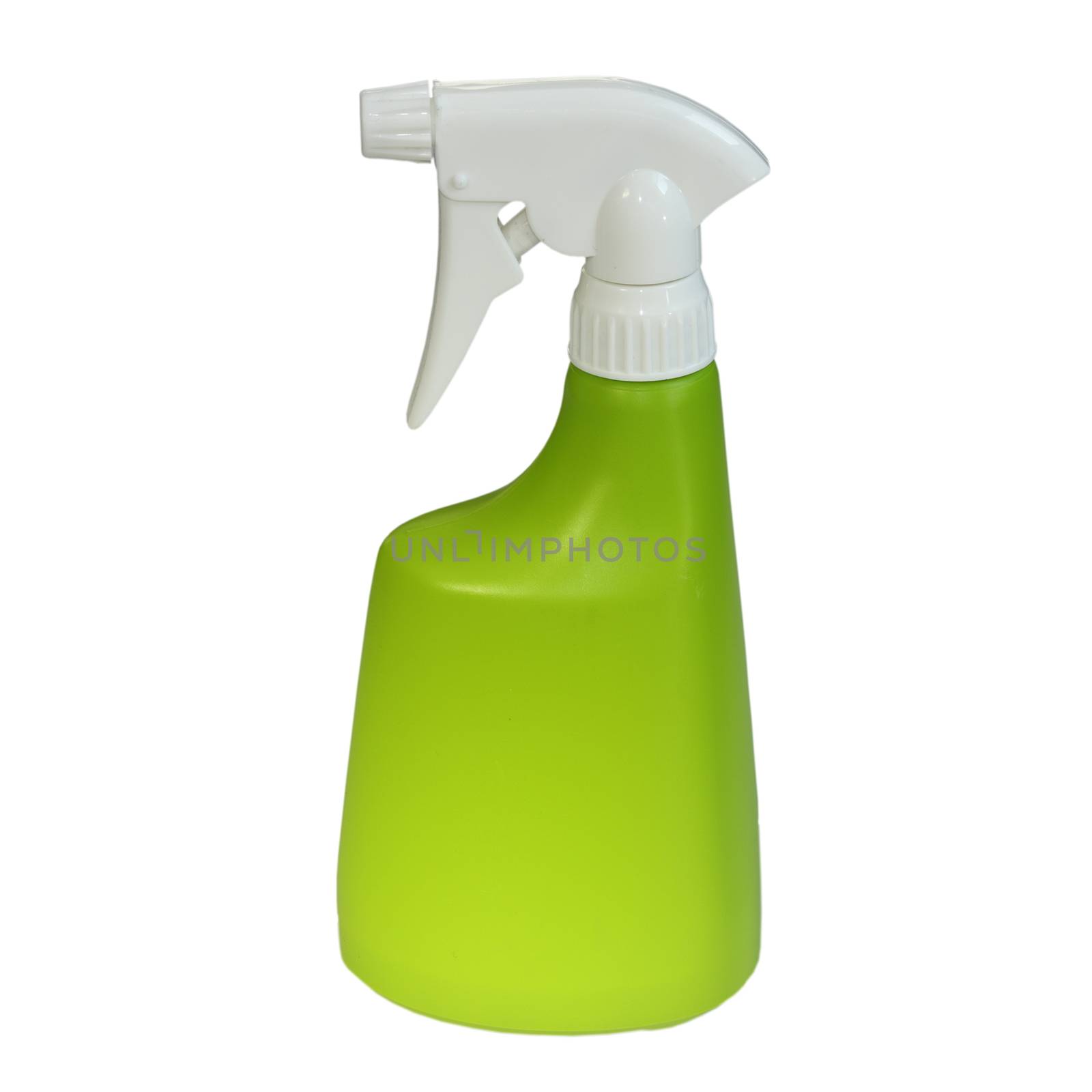 green plastic water sprayer isolated over white background