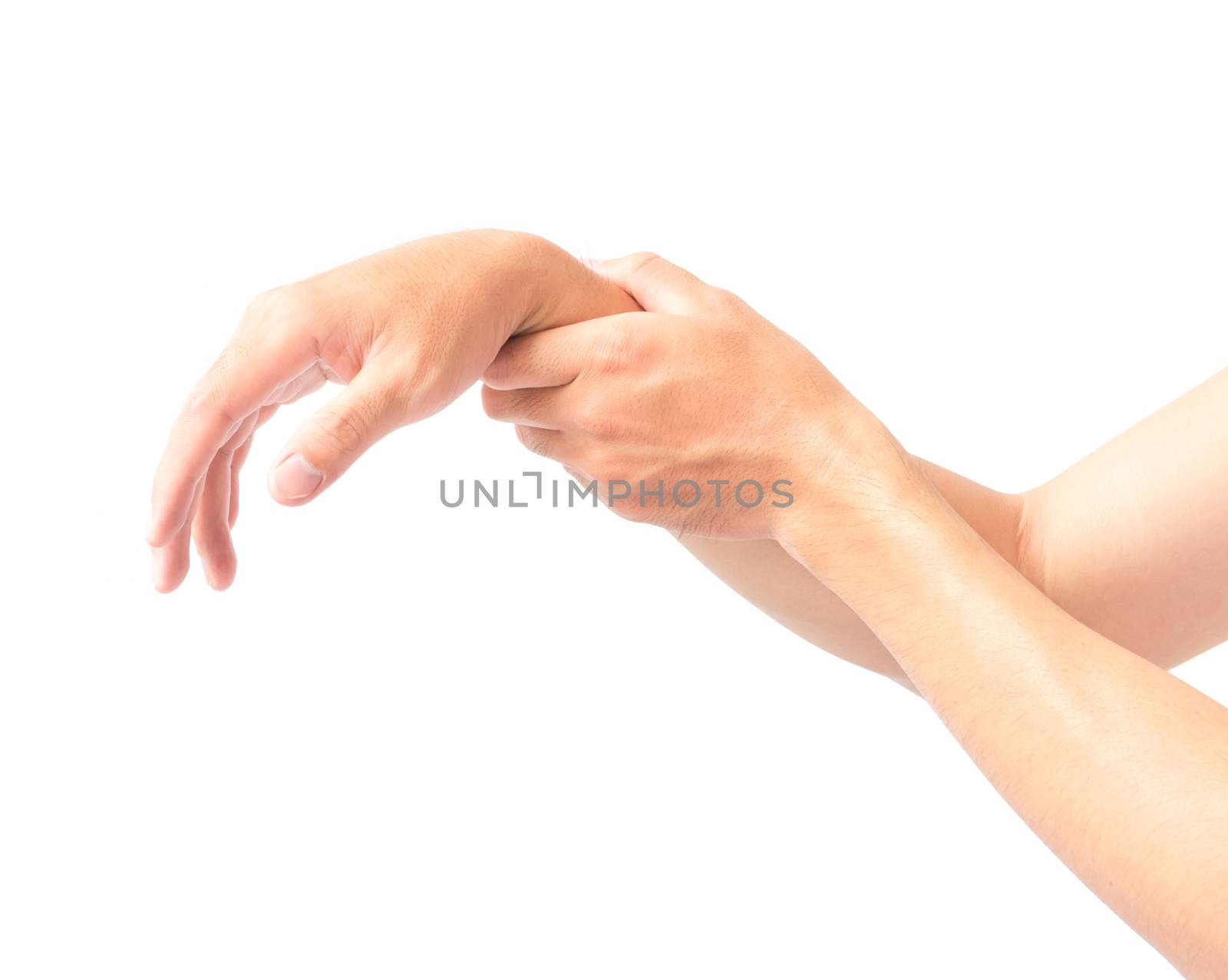 Woman hand holding her wrist on white background, health care an by pt.pongsak@gmail.com