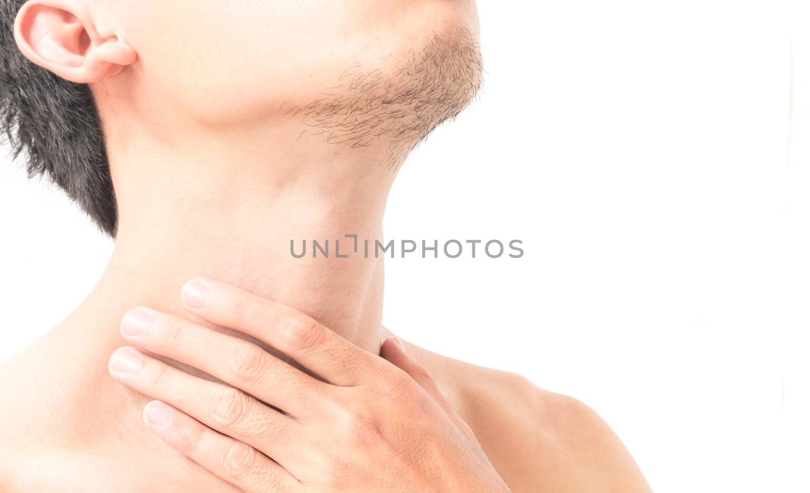 Closeup man throat pain with sick on white background, health care and medical conecpt