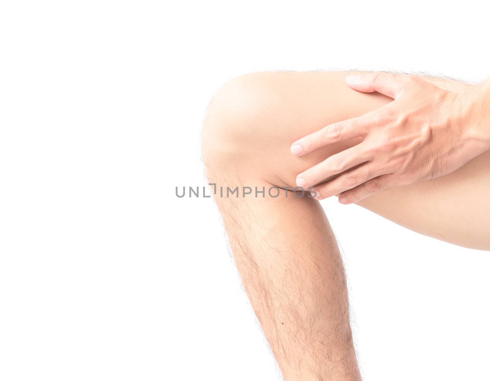 Closeup man hand hold knee with pain symptom, health care and medicine concept