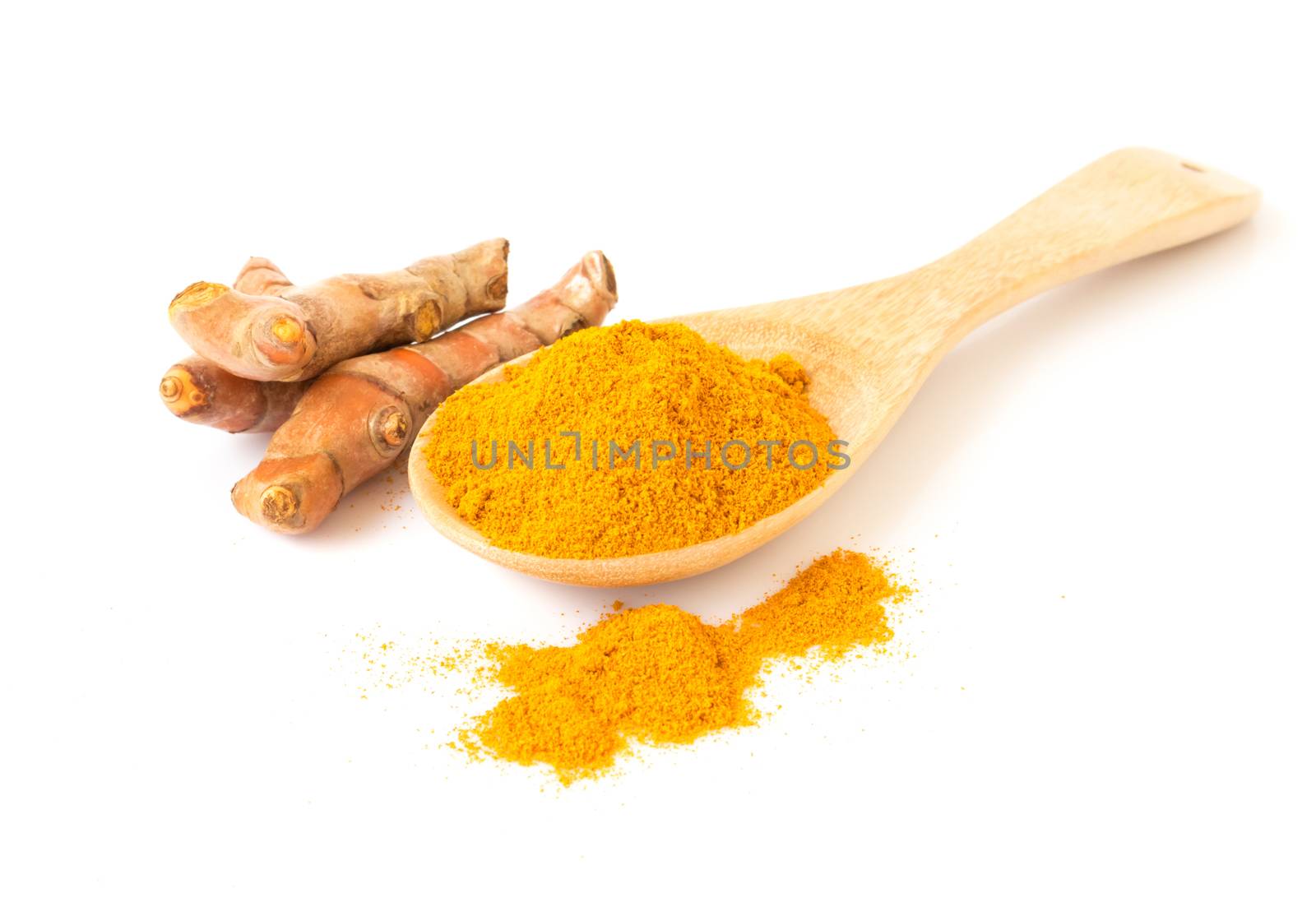 Turmeric power and fresh turmeric roots on white background, herb and healthy care concept