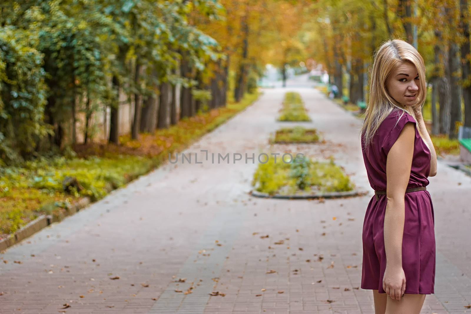 girl dressed in a dress on the autumn alley