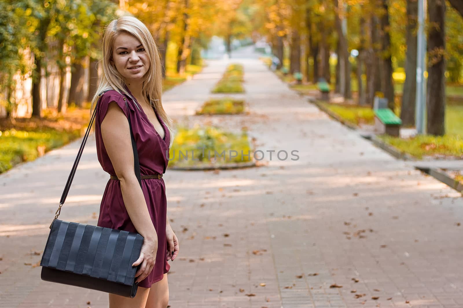 girl dressed in a dress on the autumn alley