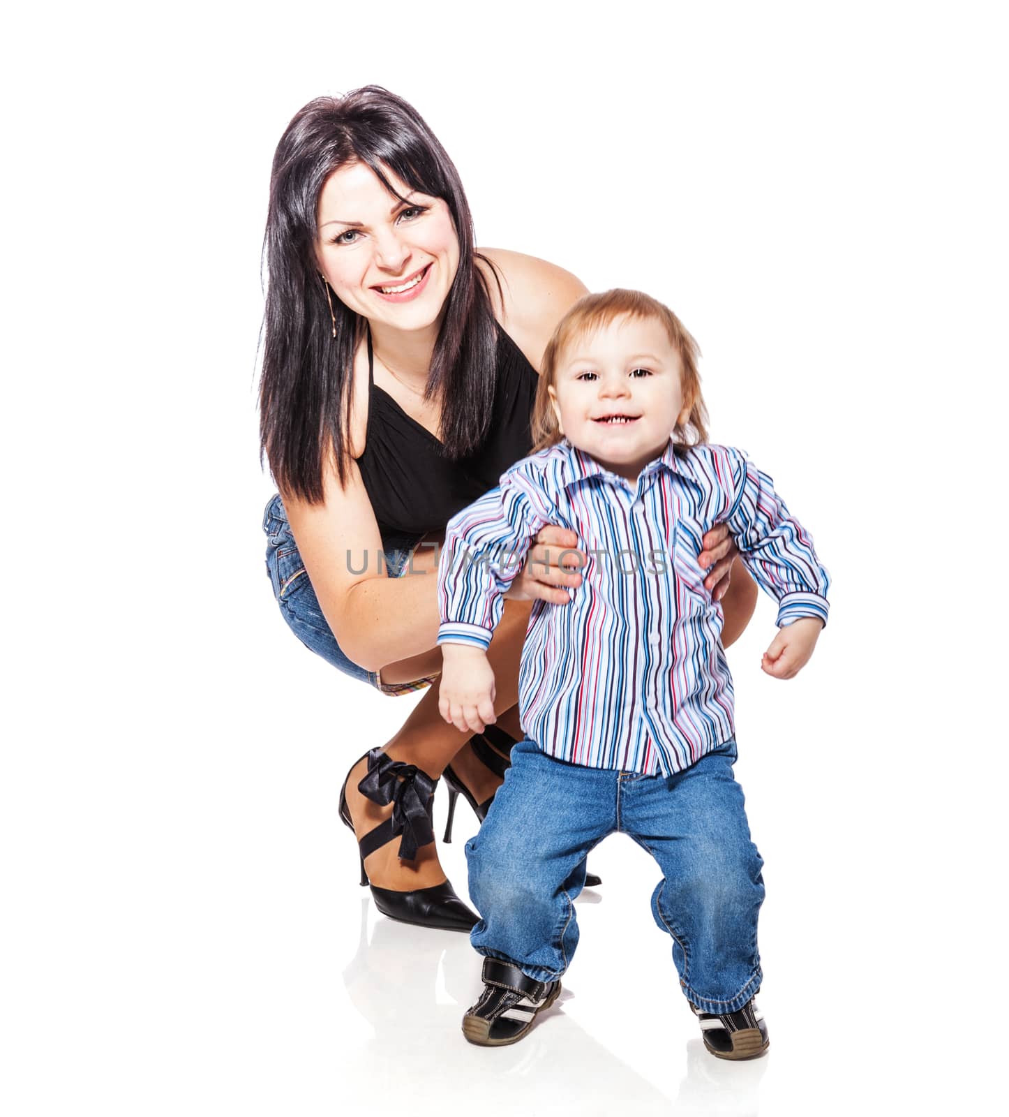 Happy Mother holding son isolated on white background