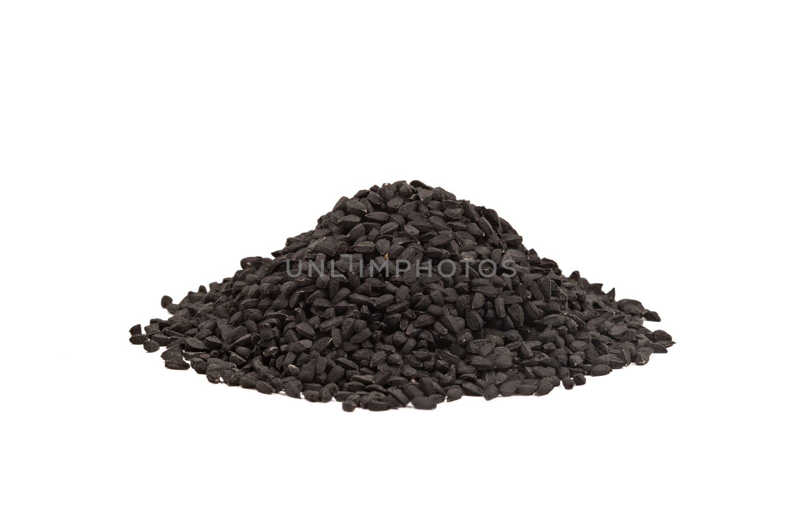 Black cumin seed in wooden scoop isolated on white background, Nigella sativa.