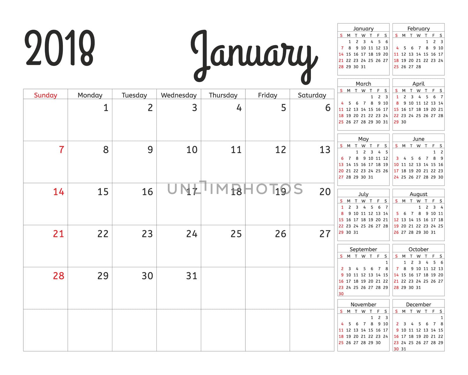 Simple calendar planner for 2018 year. design January template. Set of 12 months. Week starts sunday. Calendar planning week. by Elena_Garder