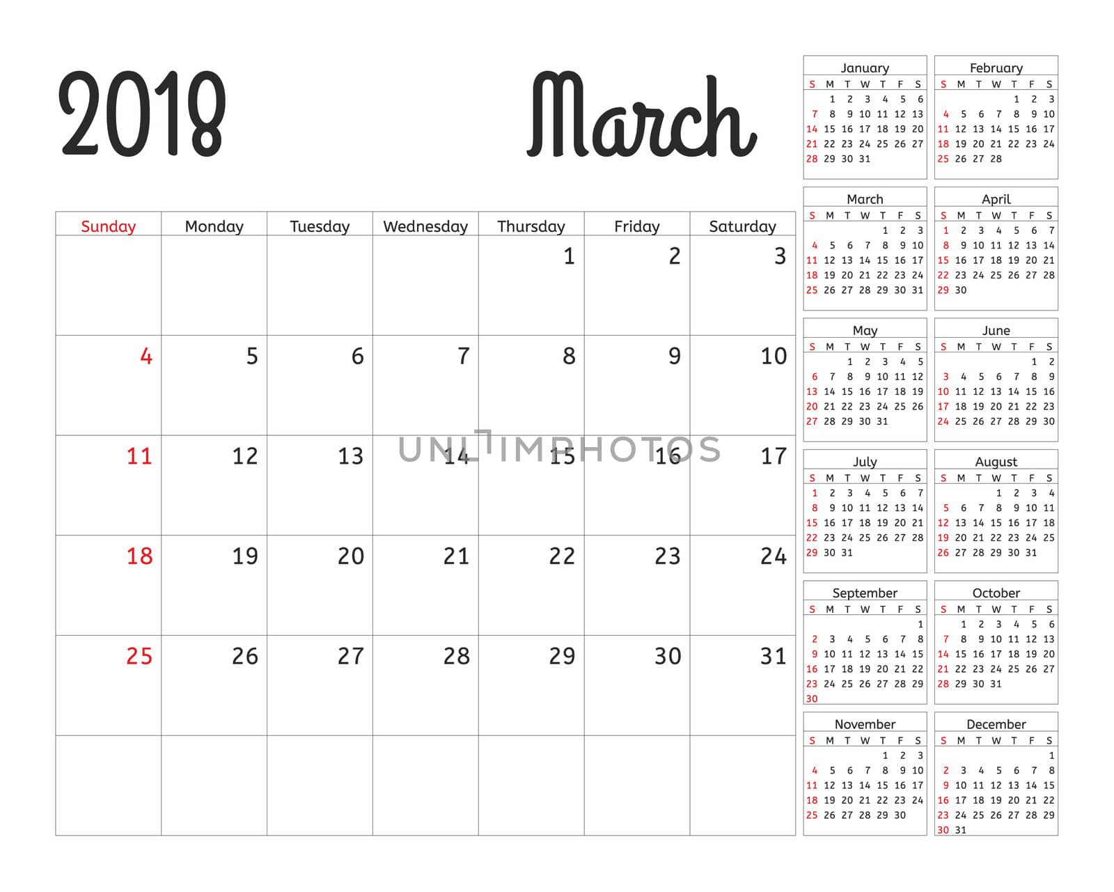 Simple calendar planner for 2018 year. Calendar planning week. design March template. Set of 12 Months. week starts Sunday.