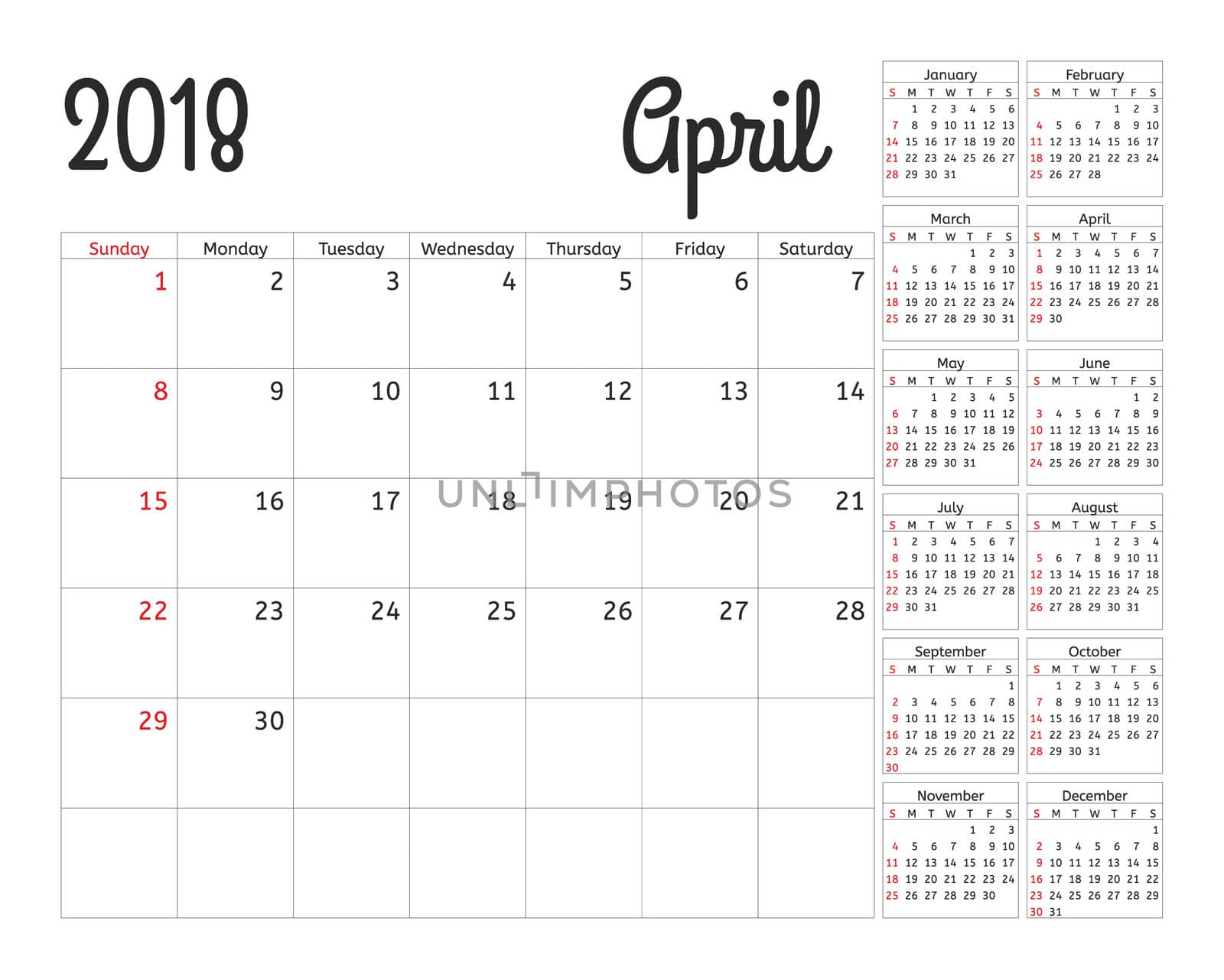 Simple calendar planner for 2018 year. Calendar planning week. design April template. Set of 12 Months. week starts Sunday.