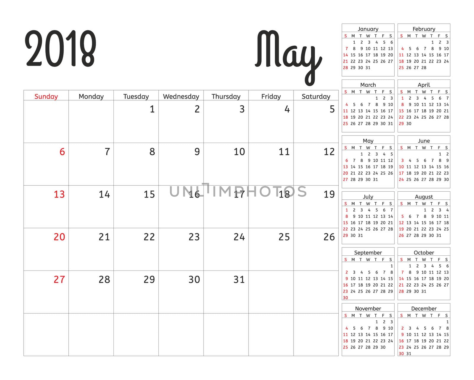 Simple calendar planner for 2018 year. Calendar planning week. design May template. Set of 12 Months. week starts Sunday.