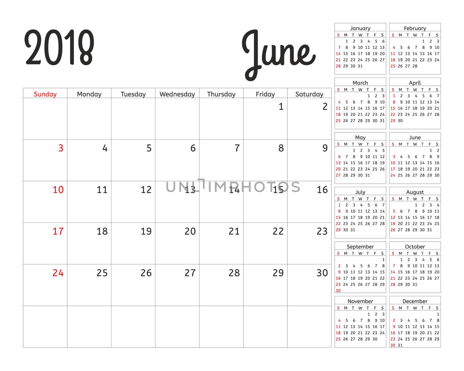 Simple calendar planner for 2018 year. Calendar planning week. design June template. Set of 12 Months. week starts Sunday.