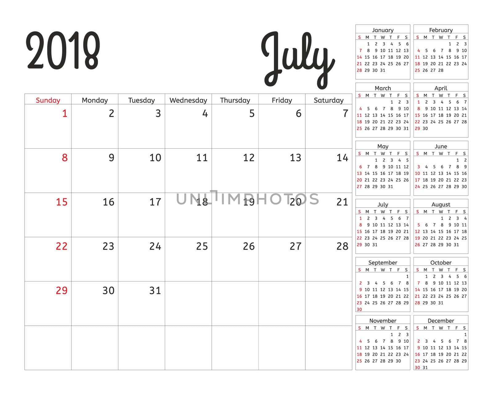 Simple calendar planner for 2018 year. design July template. Set of 12 months. Week starts sunday. Calendar planning week. by Elena_Garder