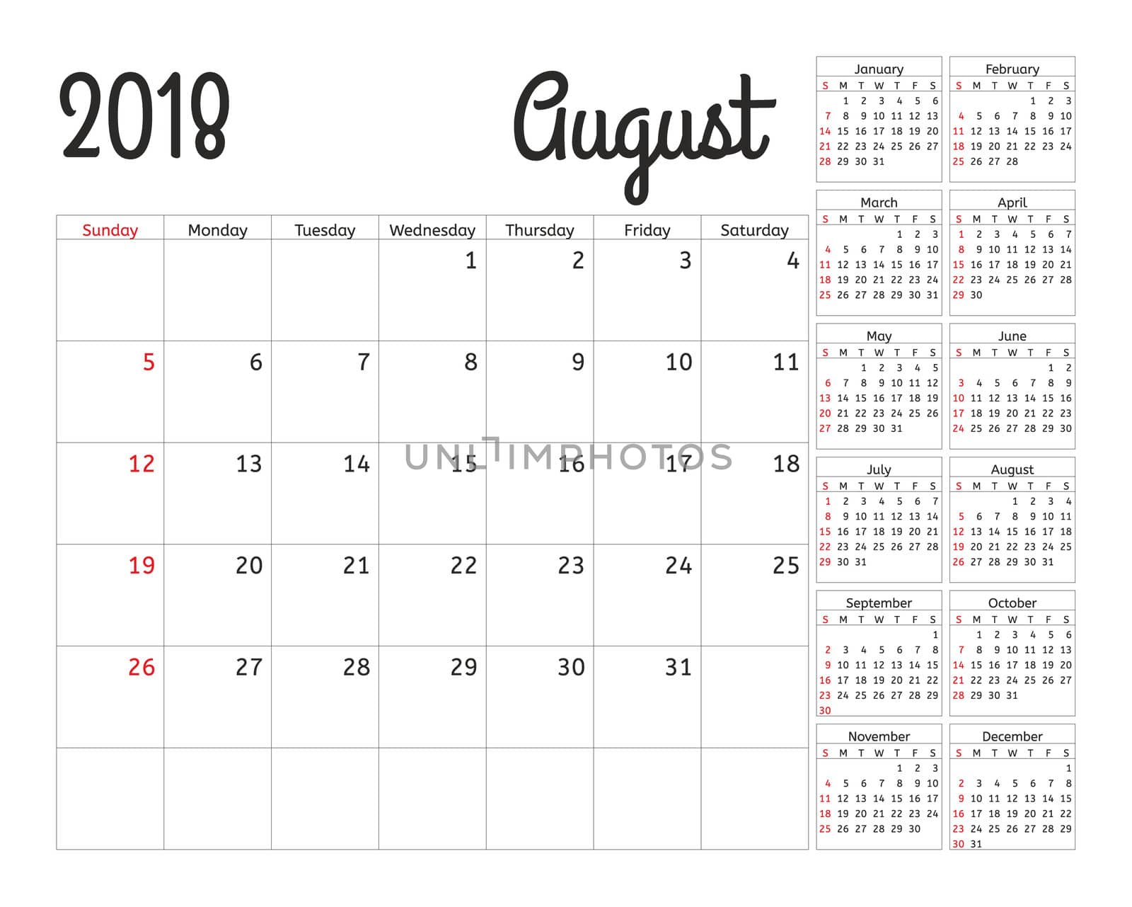Simple calendar planner for 2018 year. Calendar planning week. design August template. Set of 12 Months. week starts Sunday.
