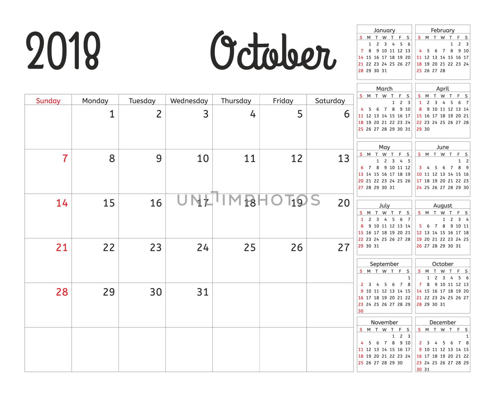 Simple calendar planner for 2018 year. design October template. Set of 12 months. Week starts sunday. Calendar planning week. by Elena_Garder