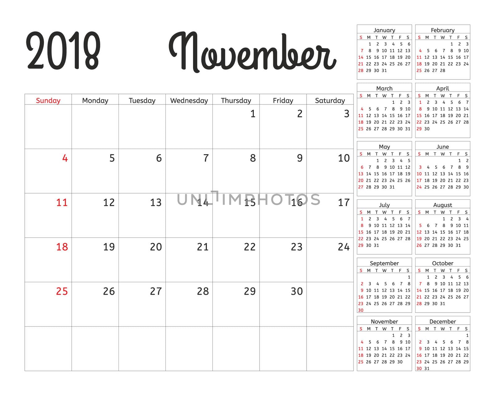 Simple calendar planner for 2018 year. Calendar planning week. design November template. Set of 12 Months. week starts Sunday.