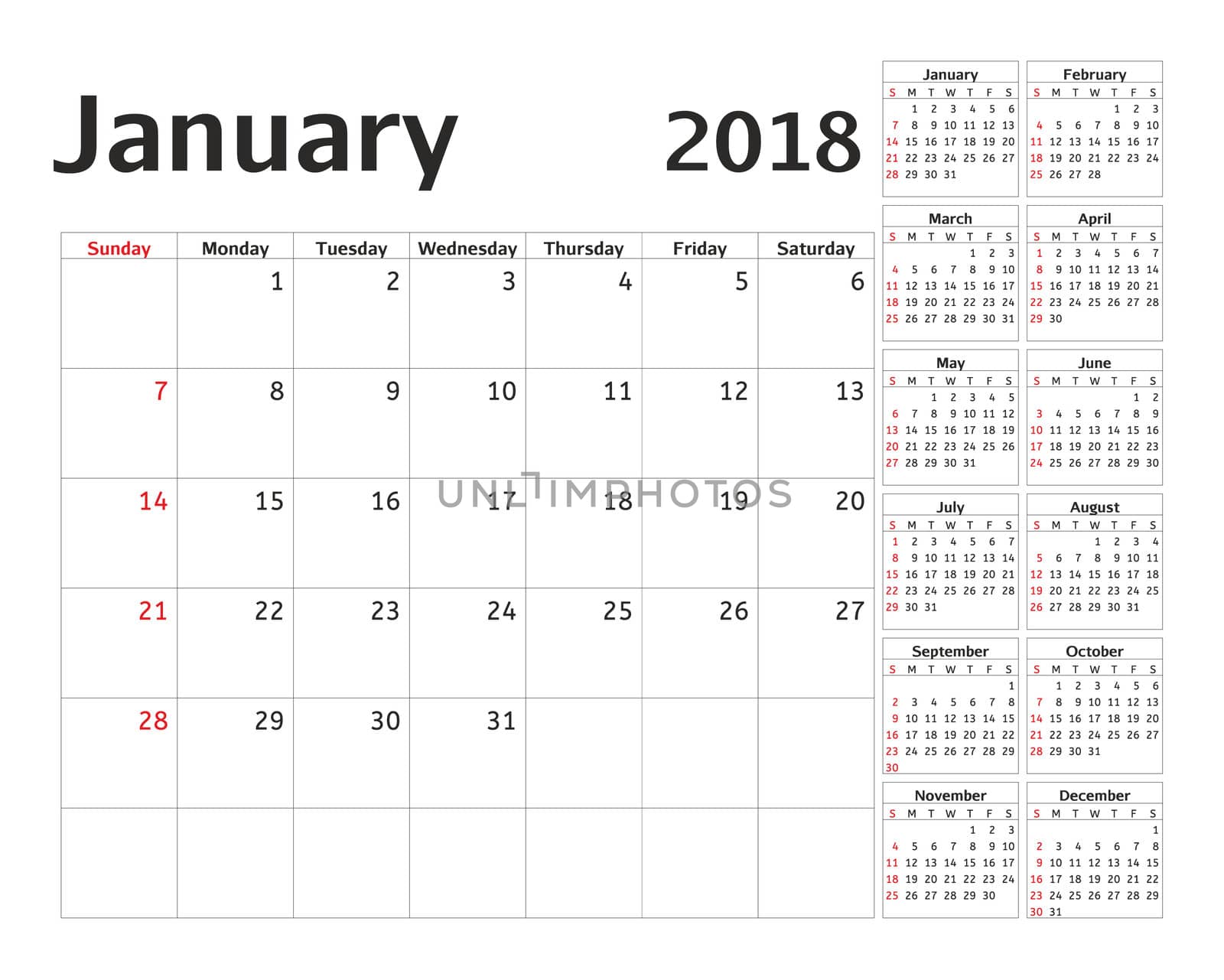 Simple calendar planner for 2018 year. Calendar planning week. design January template. Set of 12 Months. week starts Sunday.