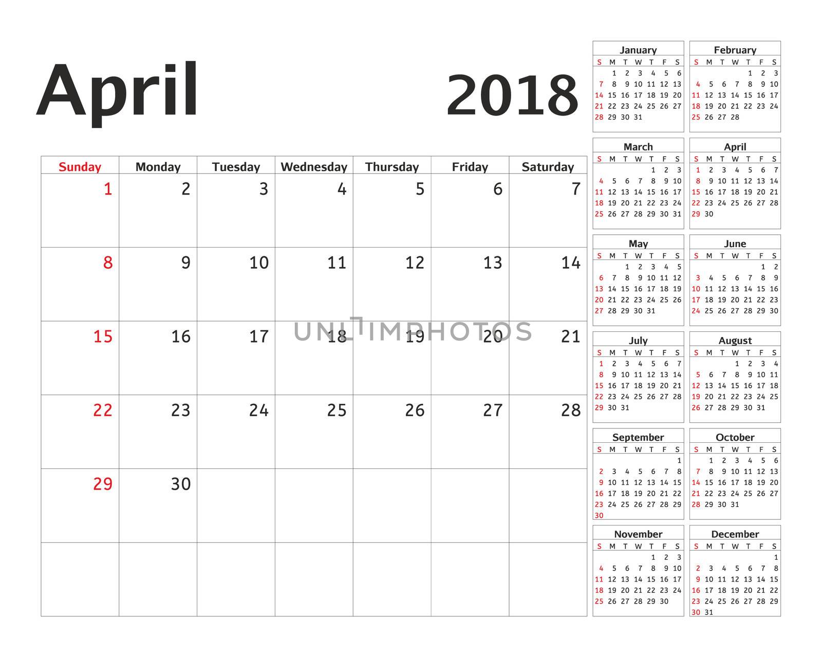 Simple calendar planner for 2018 year. Calendar planning week. design April template. Set of 12 Months. week starts Sunday.