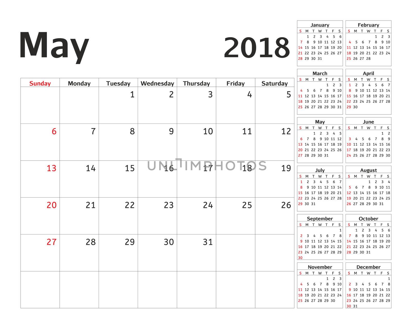 Simple calendar planner for 2018 year. design May template. Set of 12 months. Week starts sunday. Calendar planning week. by Elena_Garder