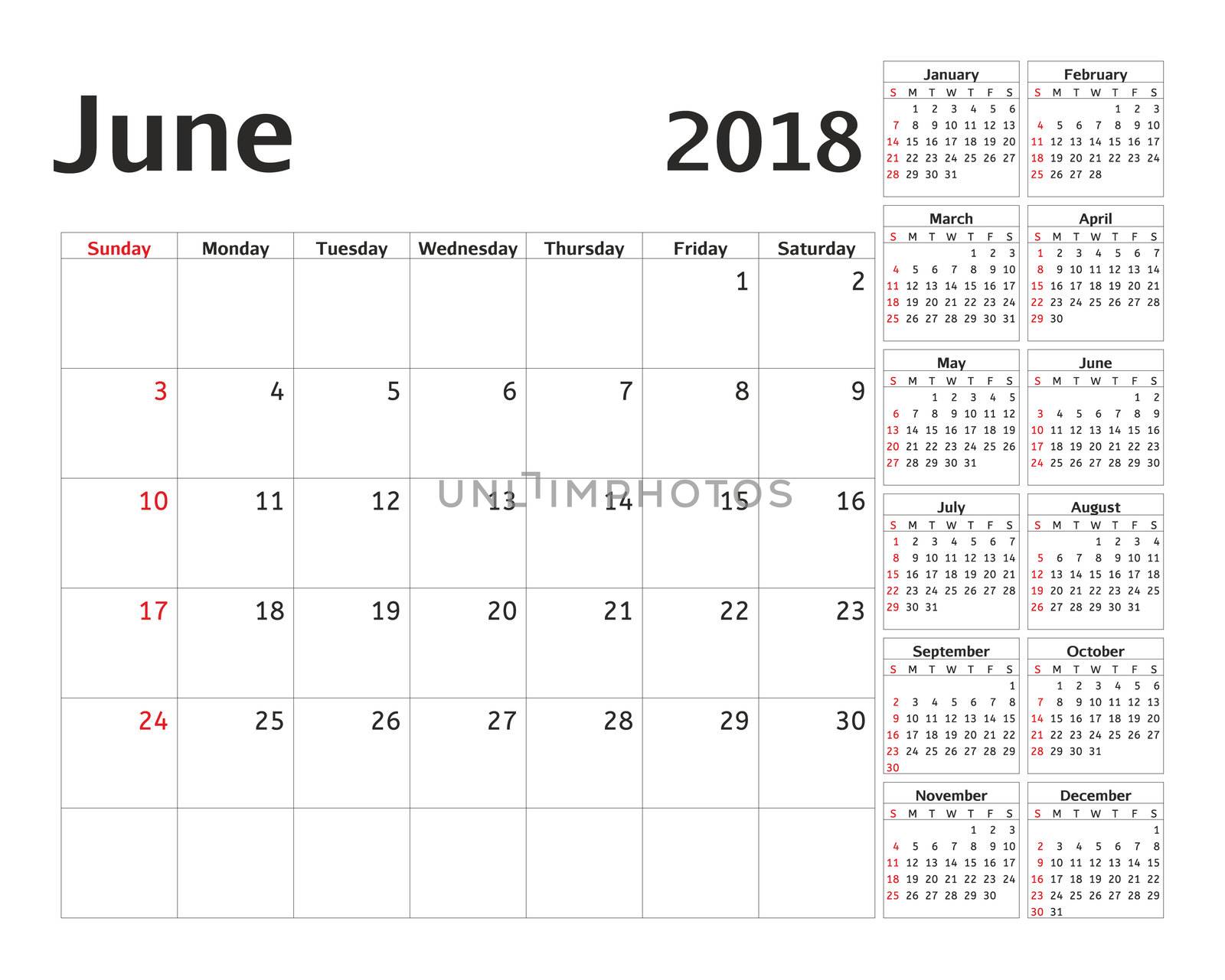 Simple calendar planner for 2018 year. Calendar planning week. design June template. Set of 12 Months. week starts Sunday.