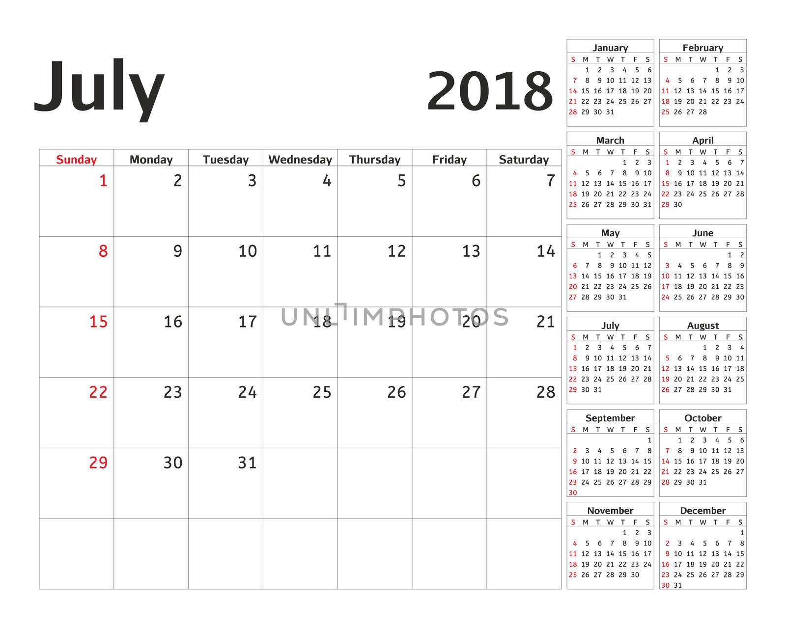 Simple calendar planner for 2018 year. Calendar planning week. design July template. Set of 12 Months. week starts Sunday.