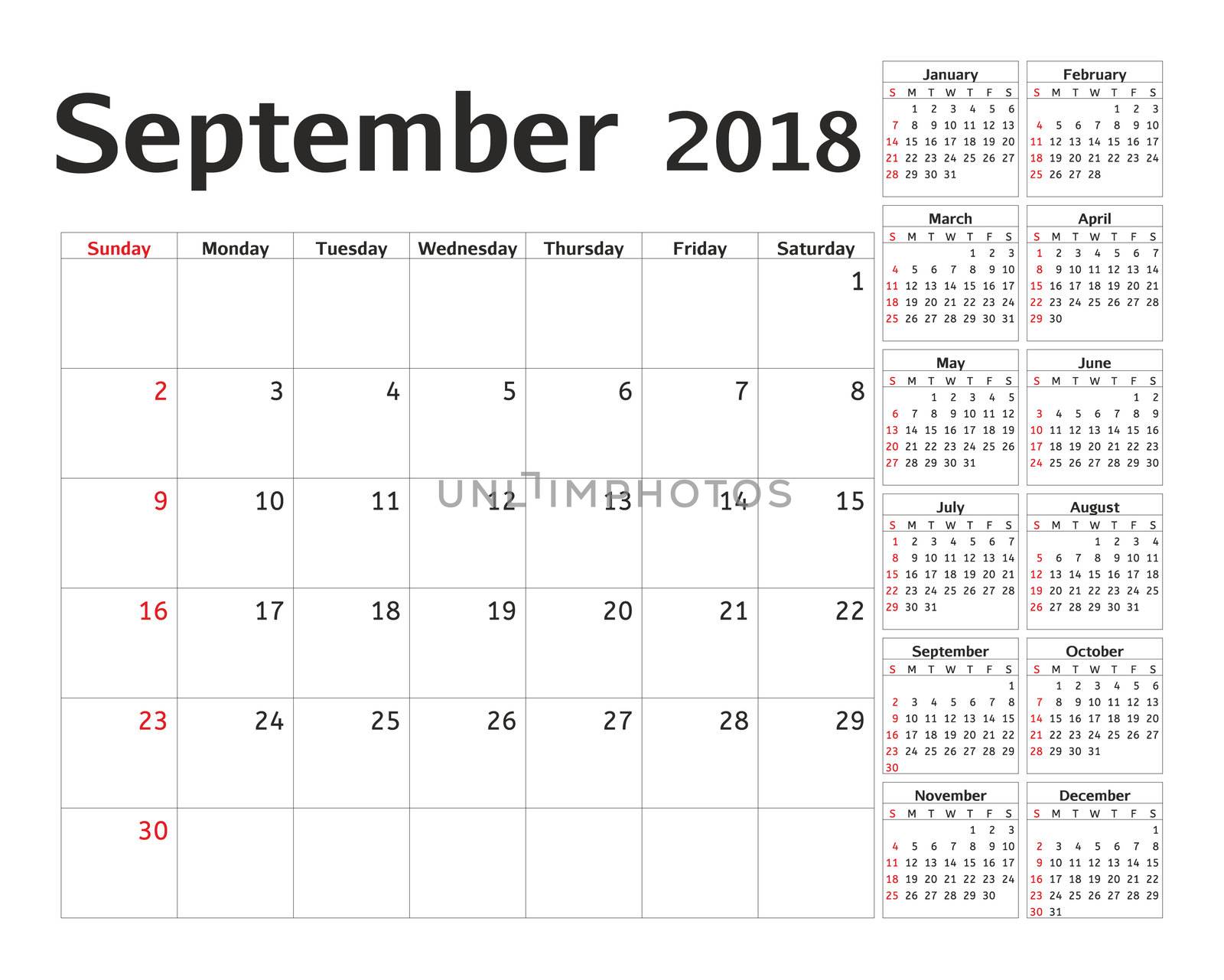 Simple calendar planner for 2018 year. Calendar planning week. design September template. Set of 12 Months. week starts Sunday.