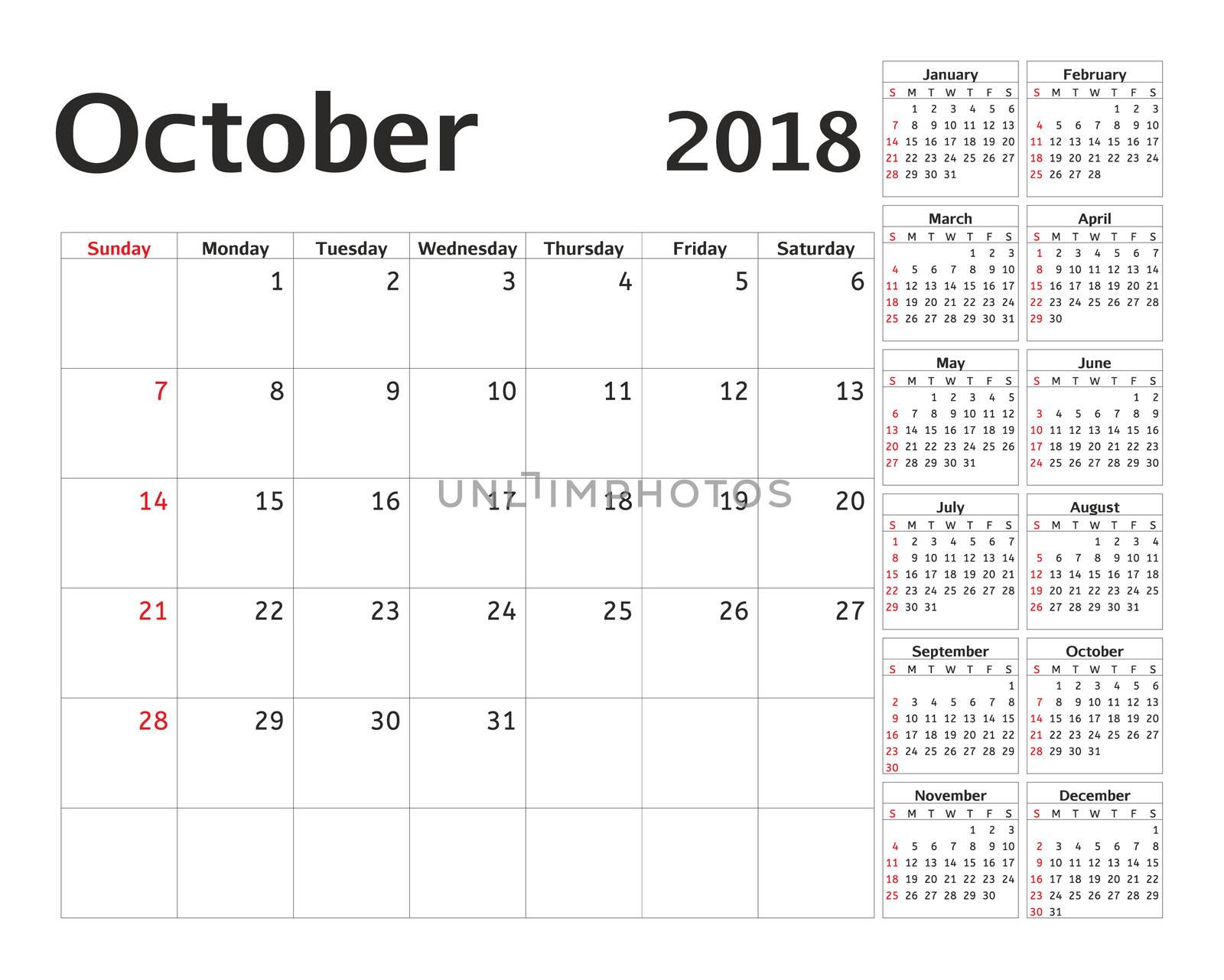 Simple calendar planner for 2018 year. Calendar planning week. design October template. Set of 12 Months. week starts Sunday.