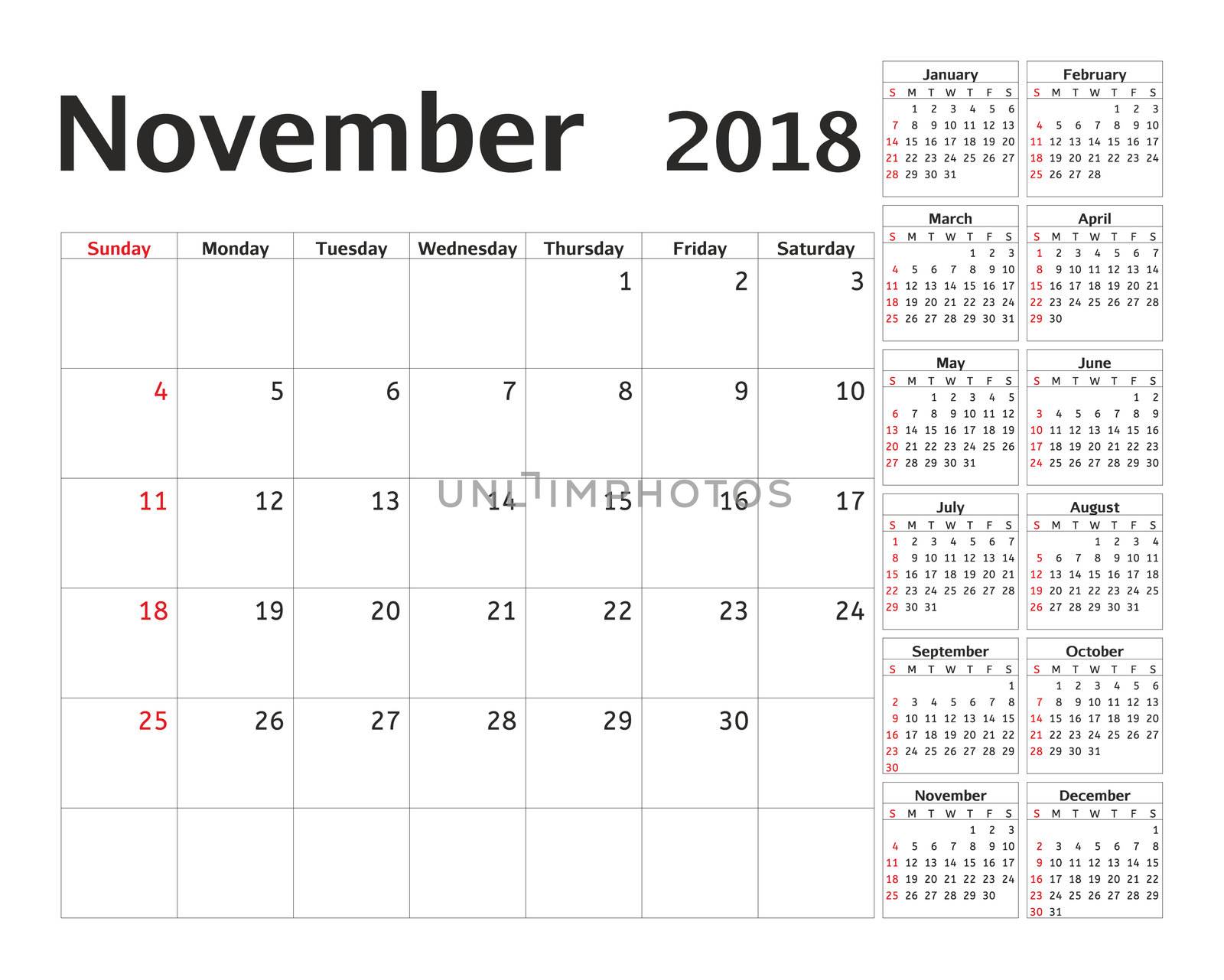 Simple calendar planner for 2018 year. Calendar planning week. design November template. Set of 12 Months. week starts Sunday.