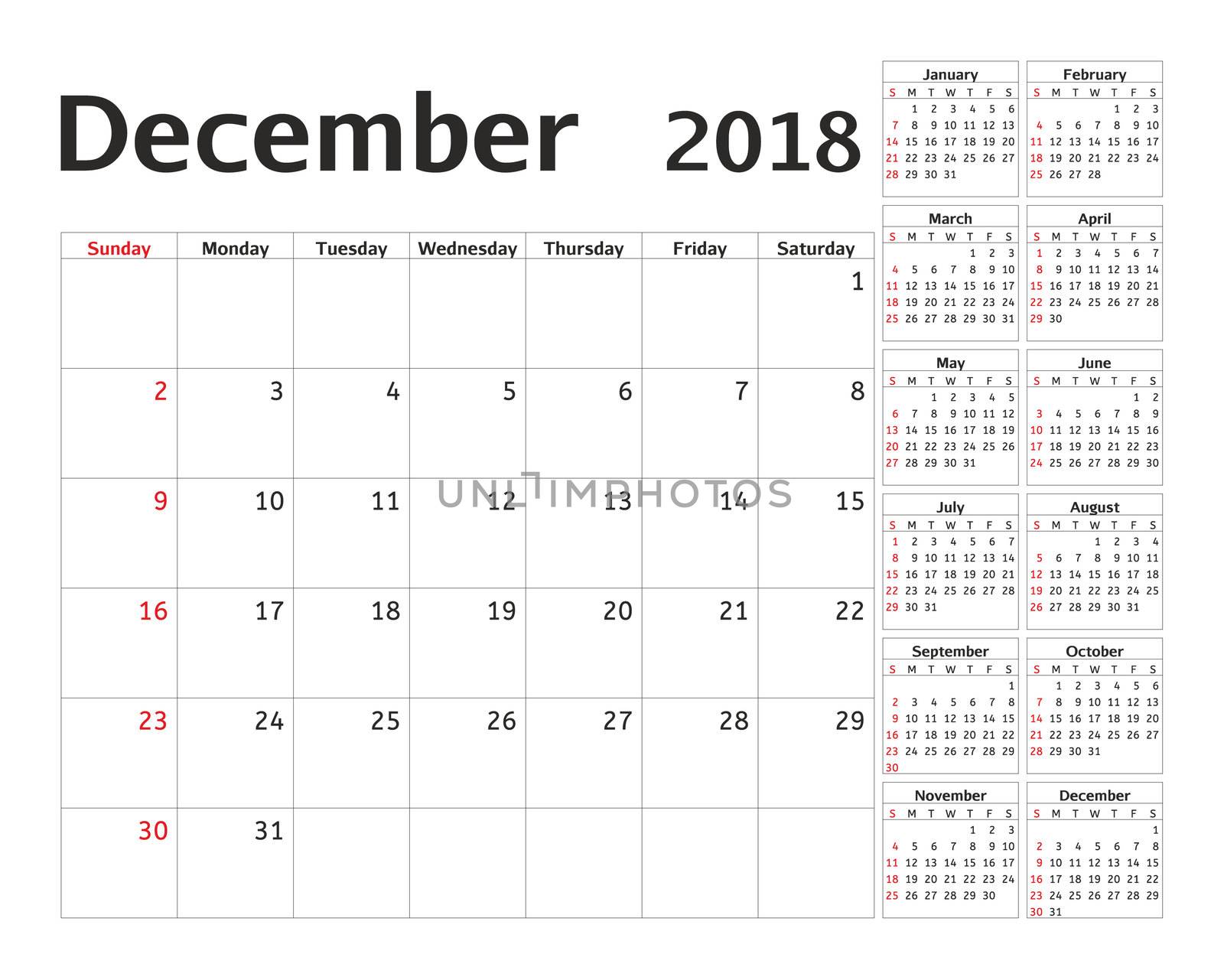 Simple calendar planner for 2018 year. Calendar planning week. design December template. Set of 12 Months. week starts Sunday.