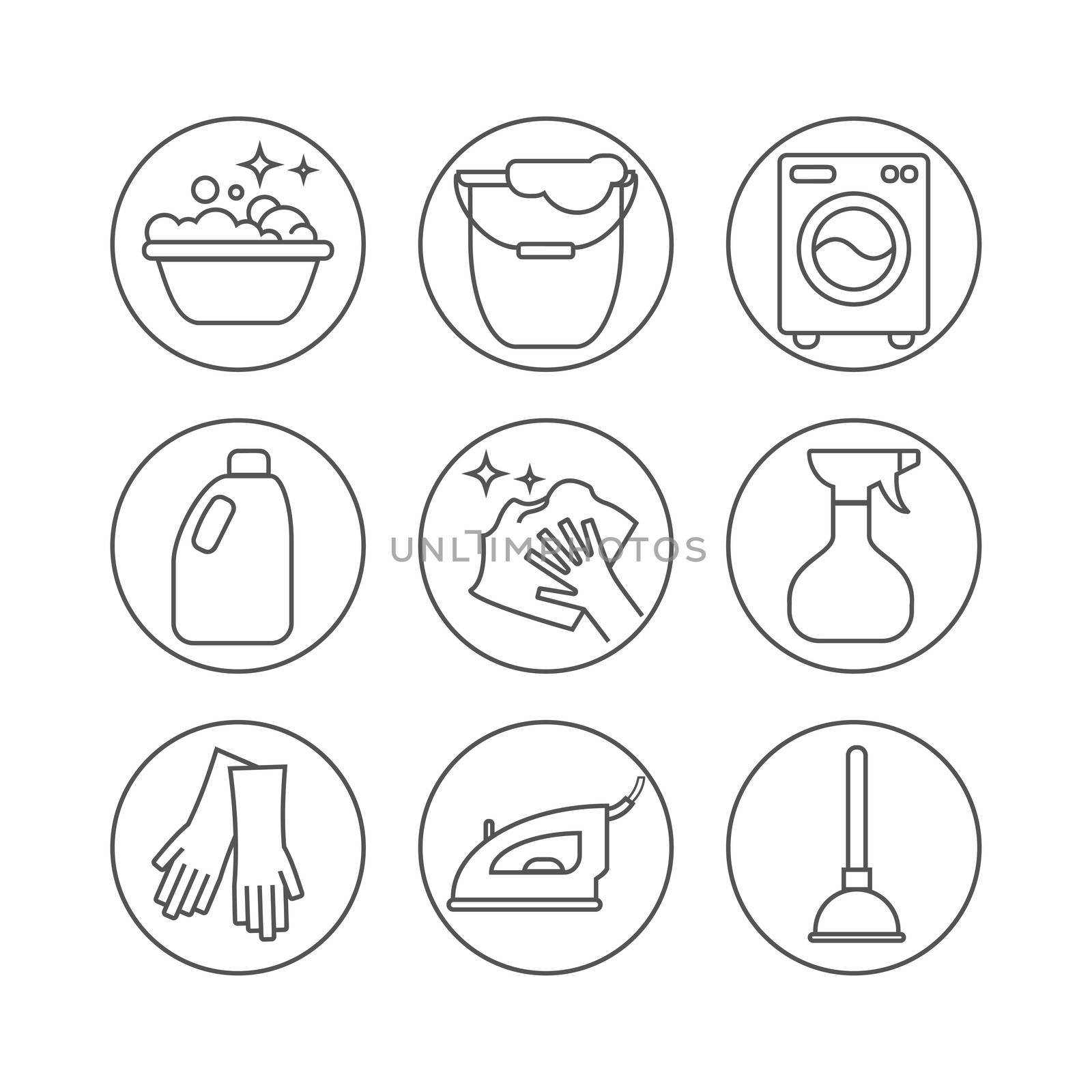 Clean, wash line icons. Washing machine, sponge, mop, iron, vacuum cleaner, shovel and other cleaning icon. Order in the house thin linear signs for cleaning service.