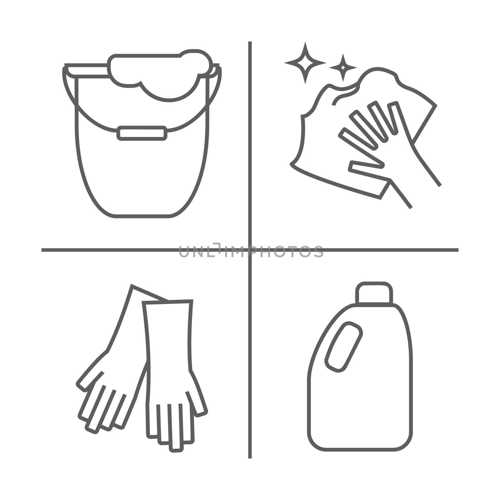 Cleaning the floor line icons. A bucket for washing the floor, a floorcloth, gloves and other cleaning icon. Order in the house thin linear signs for cleaning service.