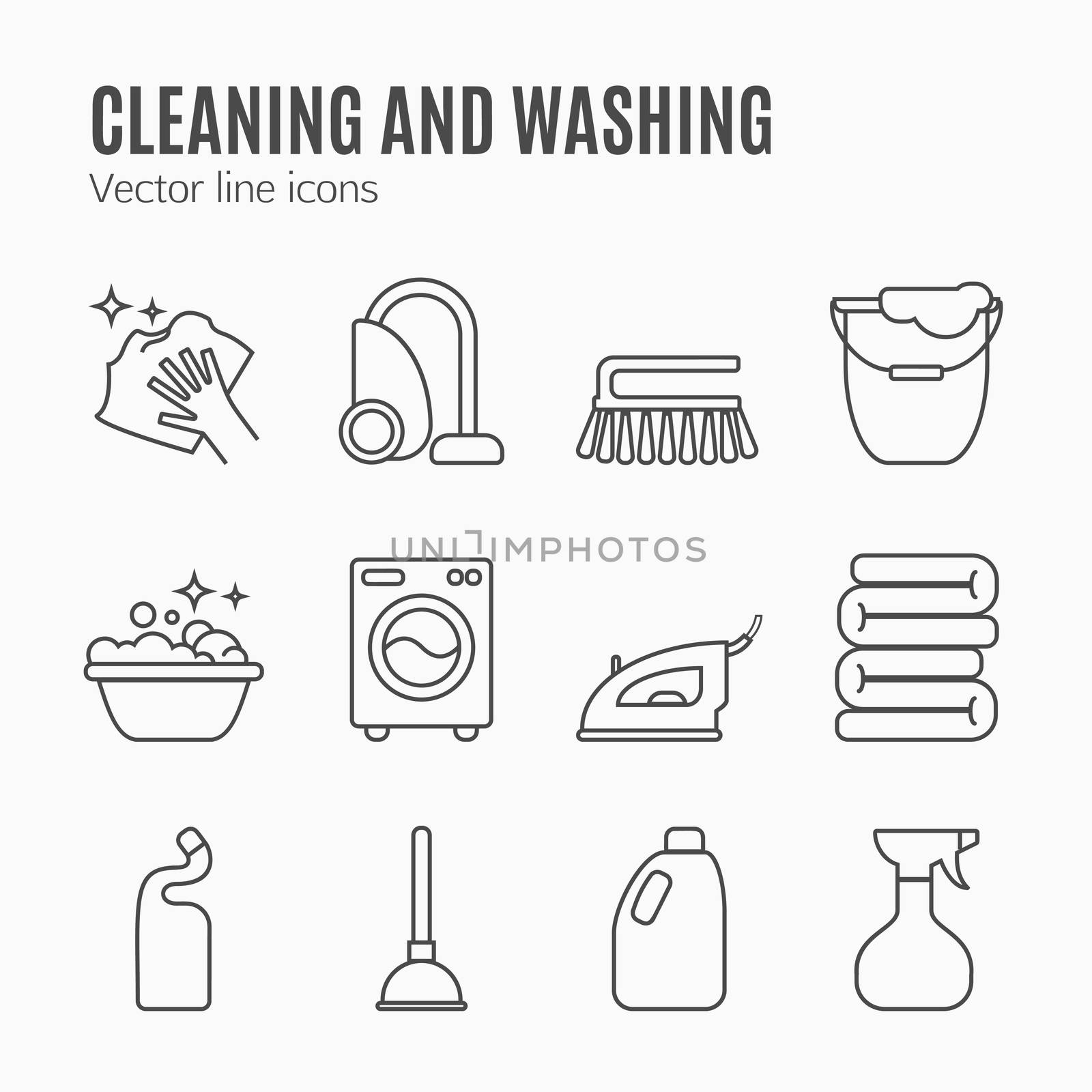 Clean, wash line icons. Washing machine, sponge, mop, iron, vacuum cleaner, shovel and other cleaning icon. Order in the house thin linear signs for cleaning service.