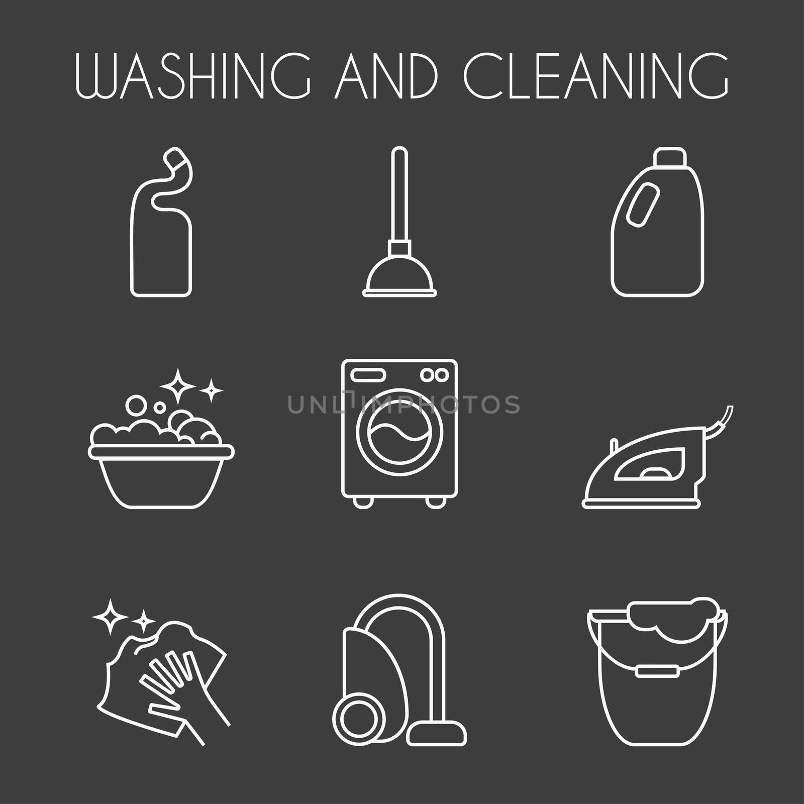 Clean, wash line icons. Washing machine, sponge, mop, iron, vacuum cleaner, shovel and other cleaning icon. Order in the house thin linear signs for cleaning service.