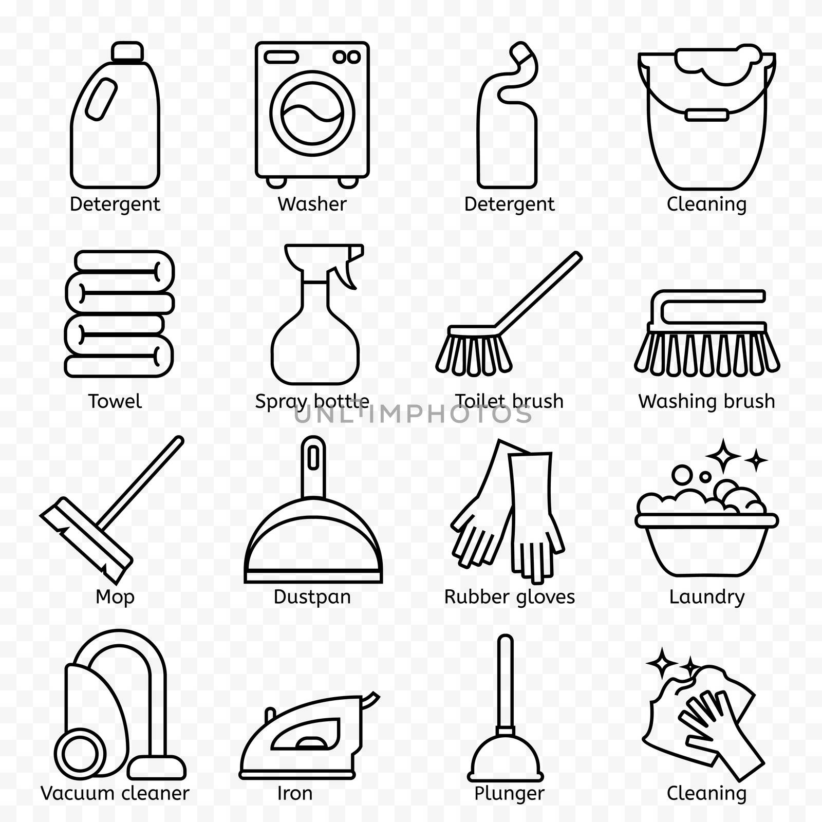 Cleaning, wash line icons. Washing machine, sponge, mop, iron, vacuum cleaner, shovel and other clining icon. Order in the house thin linear signs for cleaning service. by Elena_Garder