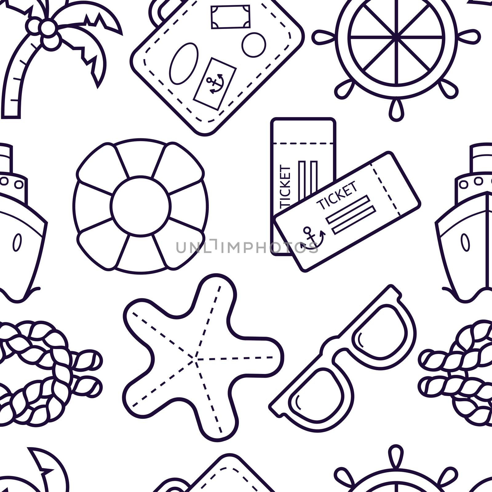 Cruise travel seamless pattern. Palm, sunglasses, flip flops, diving mask, shell and other holiday background. Marine leisure thin line backdrop.