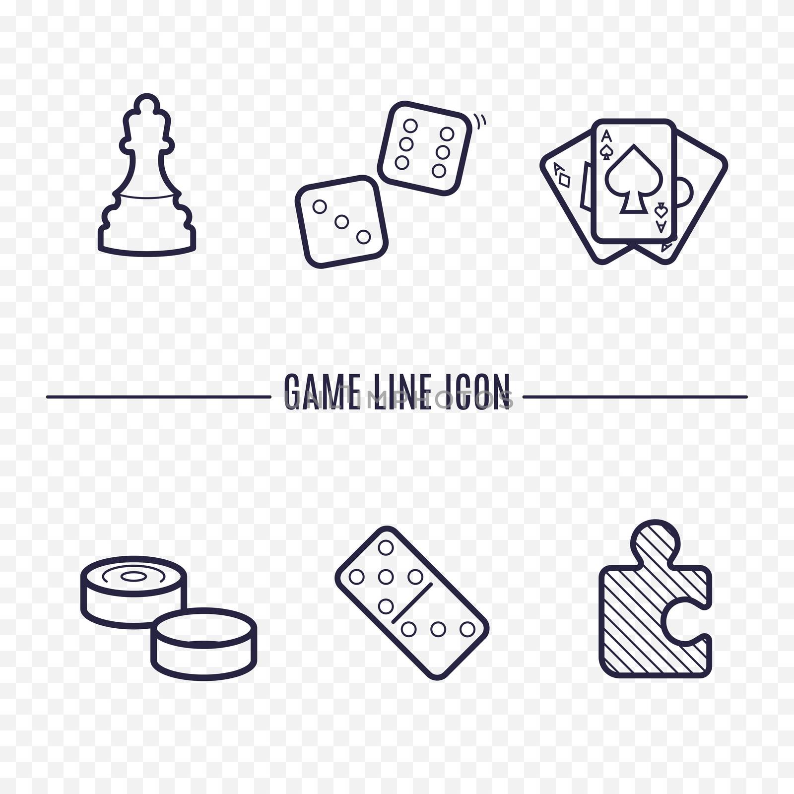 Games linear icons. Chess, dice, cards, checkers and other board games. Game thin linear signs. Outline concept for websites, infographic, mobile applications. by Elena_Garder