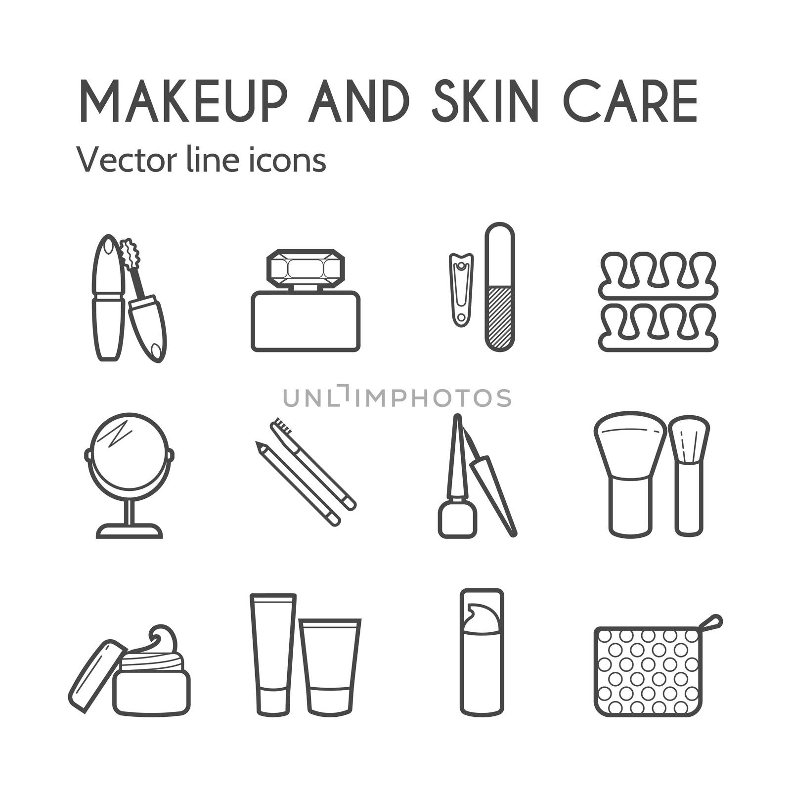  cosmetic icons. Mascara, brush, perfume, cream and other make-up items. Makeup thin linear signs for manicure, pedicure and Visage. by Elena_Garder