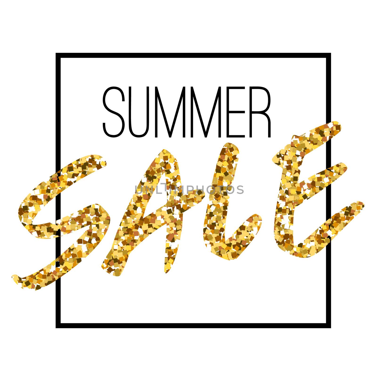 Gold text summer sale in frame. Golden sparcle foil frame. Abstract golden background hand text.