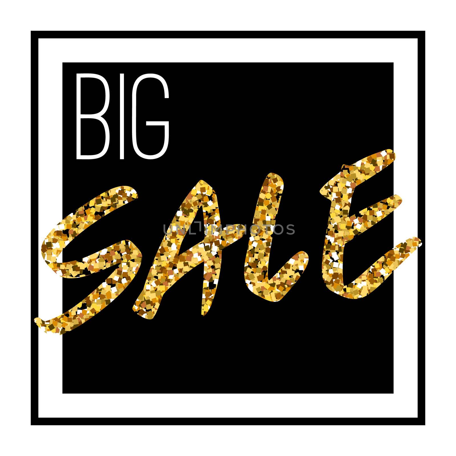 Gold text big sale in frame. Golden sparcle foil frame. Abstract golden background hand text.