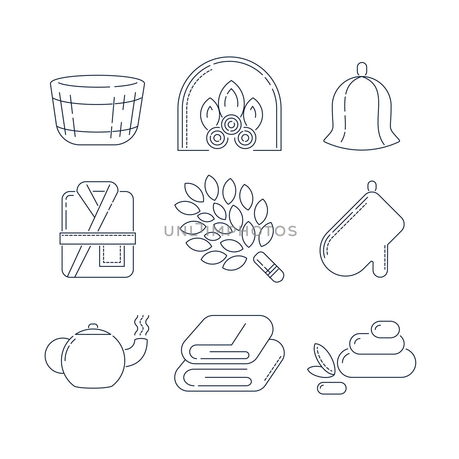 Spa, sauna relax linear icons. Fireplace, mitt, herbal tea, sauna broom and other accessories for the bath. Health and body care thin line icons.