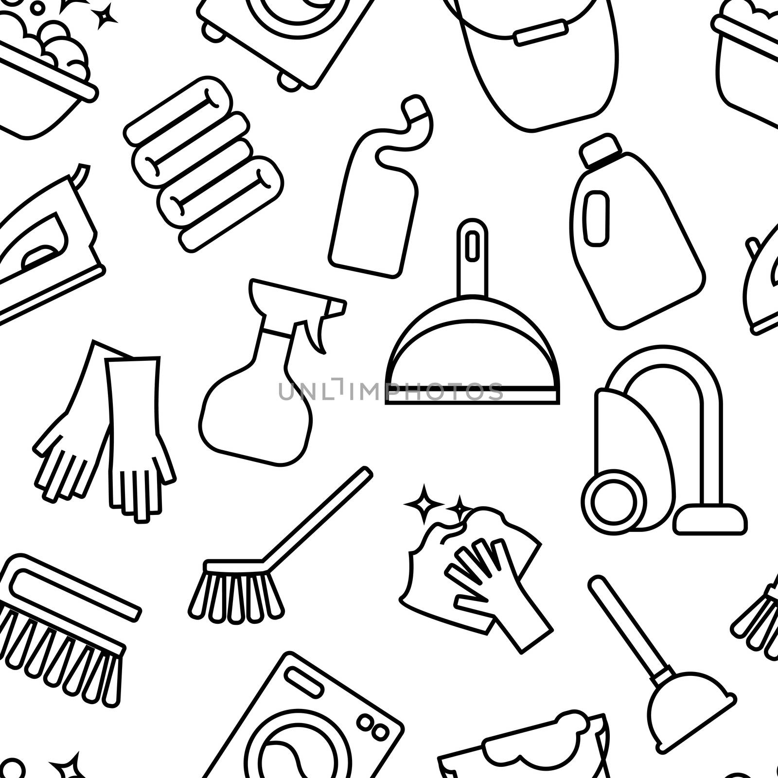 Cleaning, wash line icons. Washing machine, sponge, mop, iron, vacuum cleaner, shovel clining background. Order in the house thin linear backdrop for cleaning. by Elena_Garder