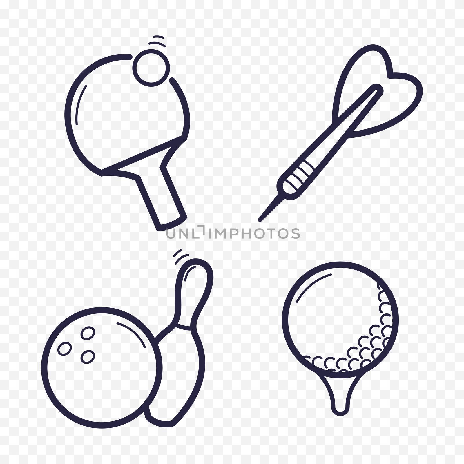 Games linear icons. Ping-pong, golf, bowling, darts leisure activities. Gambling, sport game line icon. by Elena_Garder