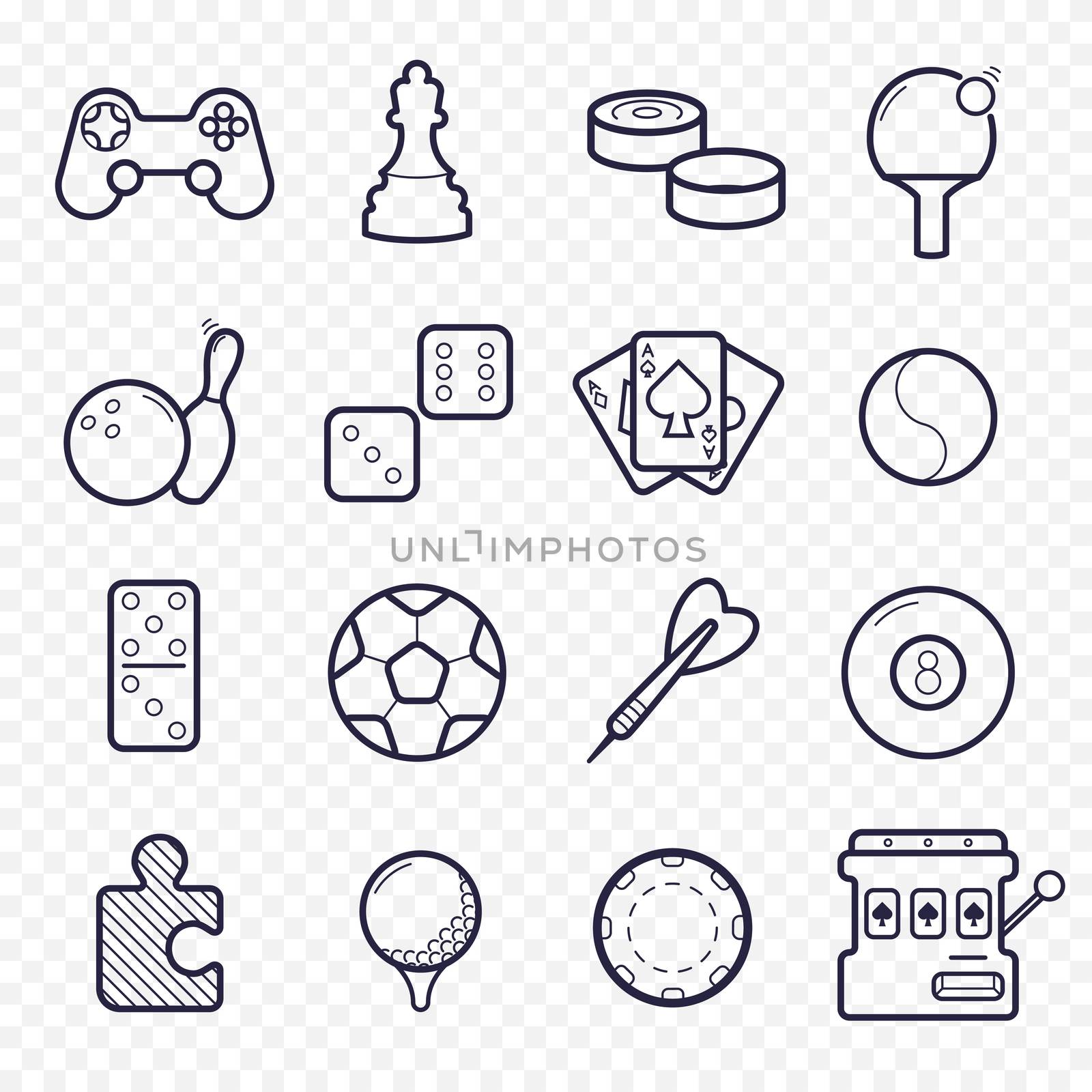 Games, videogames linear icons. Ping-pong, chess, golf, billiards, darts, gambling, and other leisure activities. Logic, gambling, sports thin line icons.