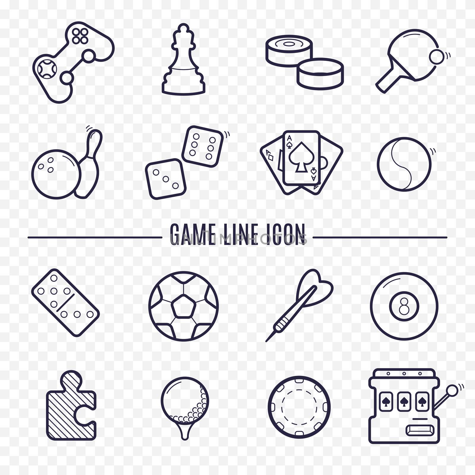 Games, videogames linear icons. Ping-pong, chess, golf, billiards, darts, gambling, bowling and other leisure activities. Logic, gambling, sports thin line icons.