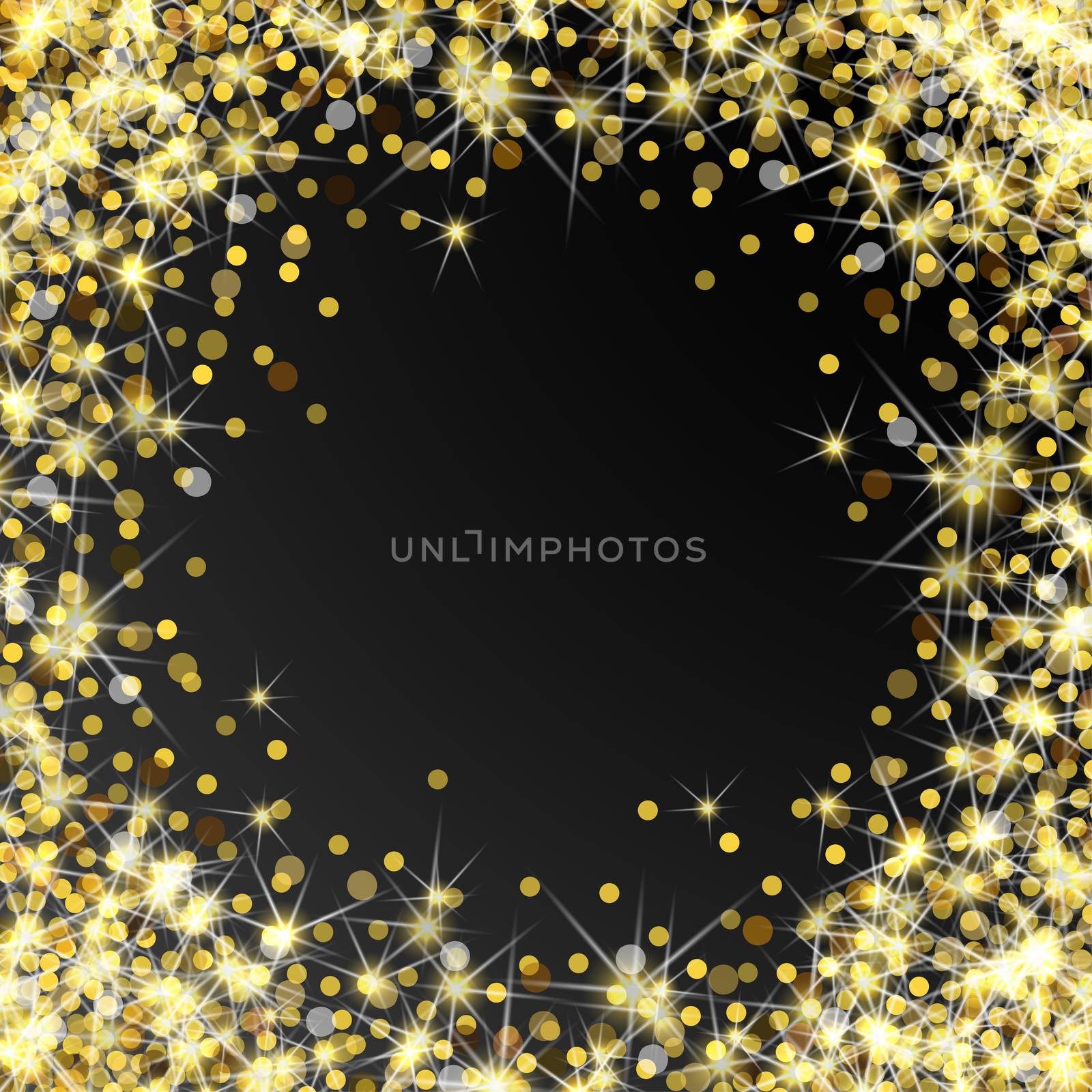 Gold glitter frame with empty space for text. Scattered golden confetti border on transparent background. Bright shining gold. Rich luxury fashion glitter backdrop. Golden round dots.