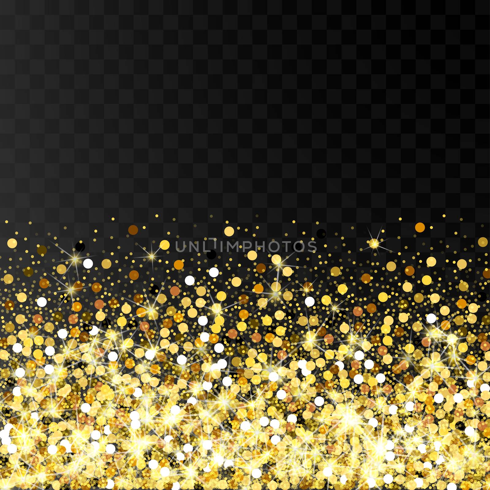 Falling golden particles on a black background. Scattered golden confetti. Bright shining gold. Rich luxury fashion glitter backdrop. Gold round dots.