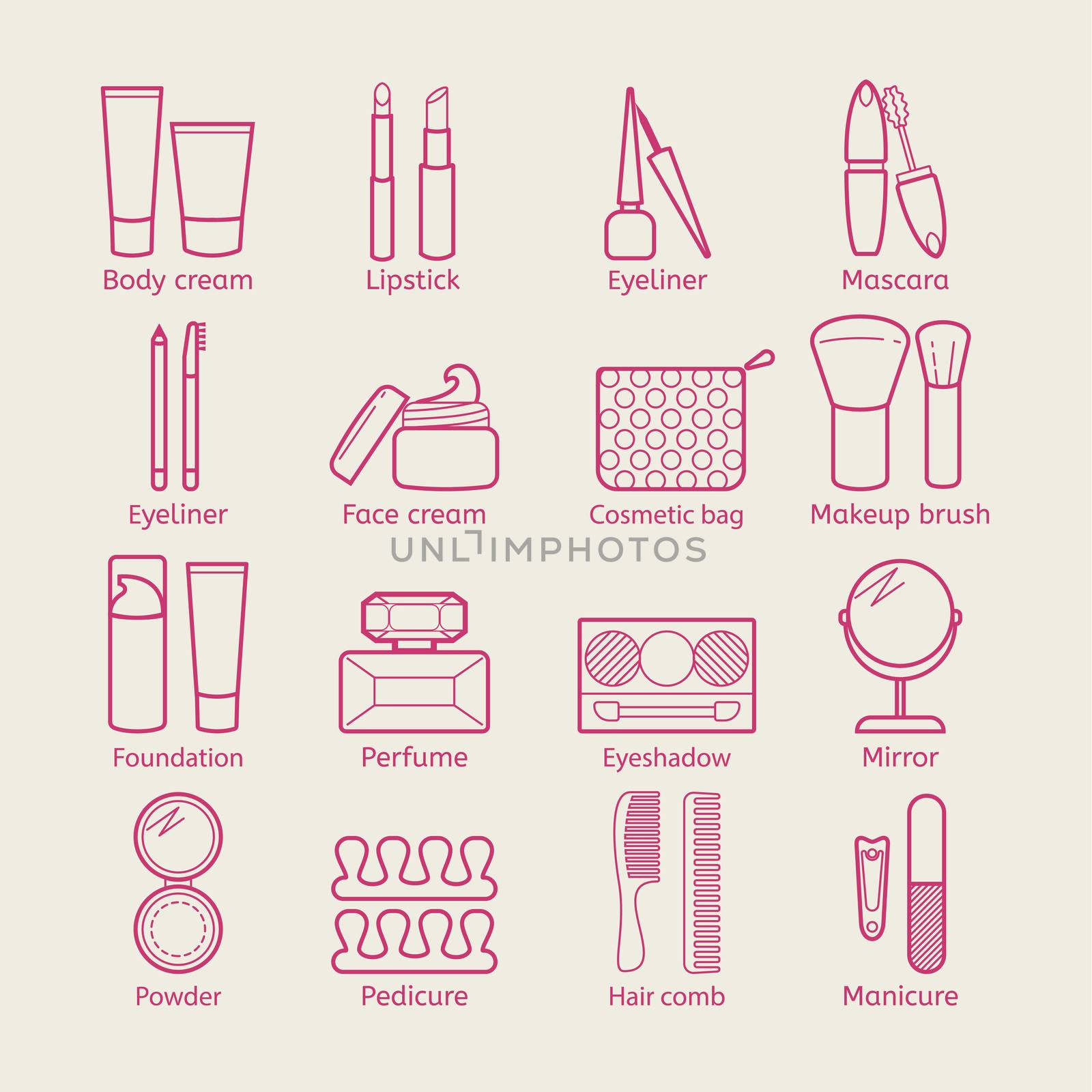  cosmetic icons. Mascara, lipstick, powder, eye shadow, perfume, cream, foundation, eyeliner, mirror, hair comb and other make-up items. Makeup thin linear signs for manicure, pedicure and Visage.