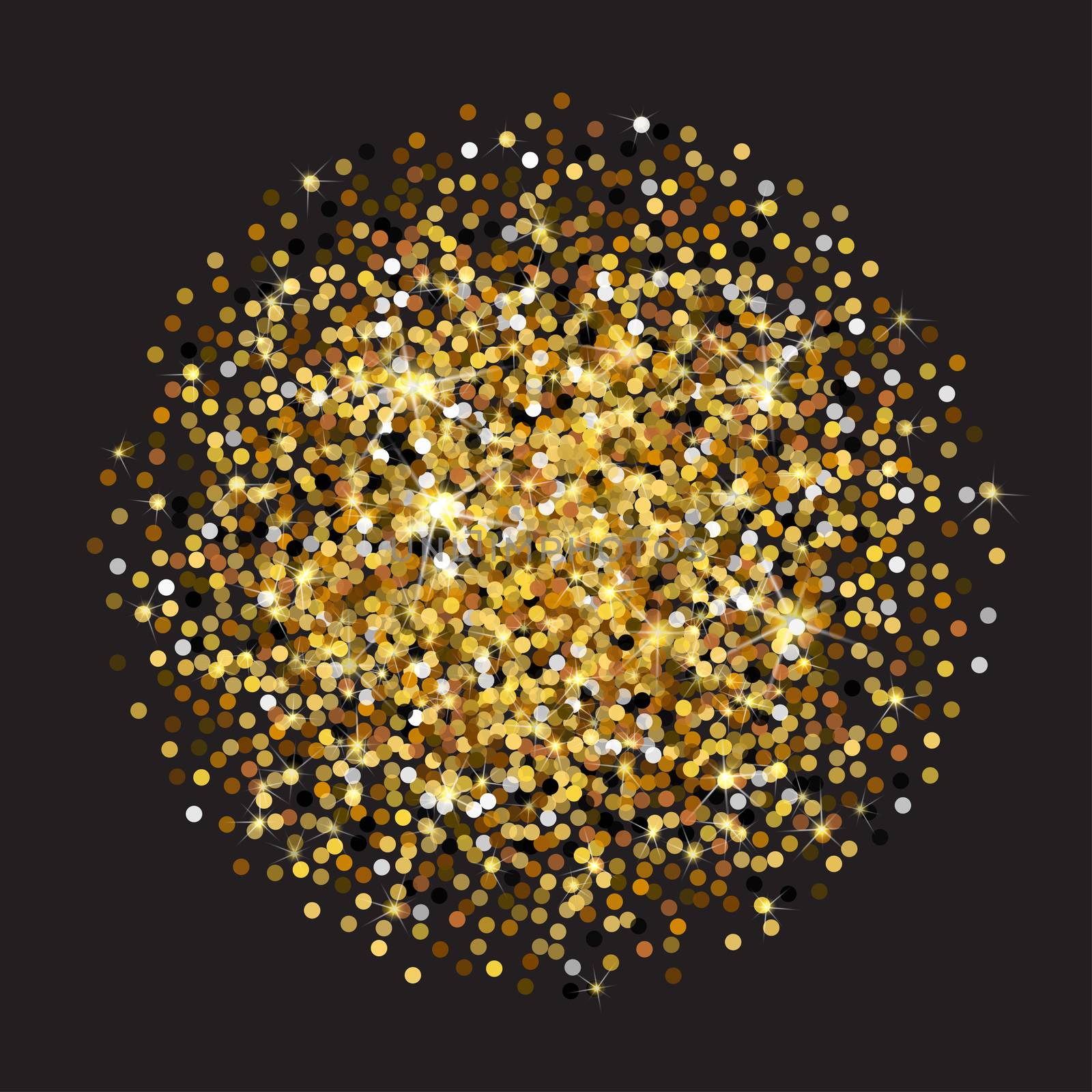 Golden glittering circle made of dots. Luxury golden round dots on black backdrop. Amber particles gold confetti.