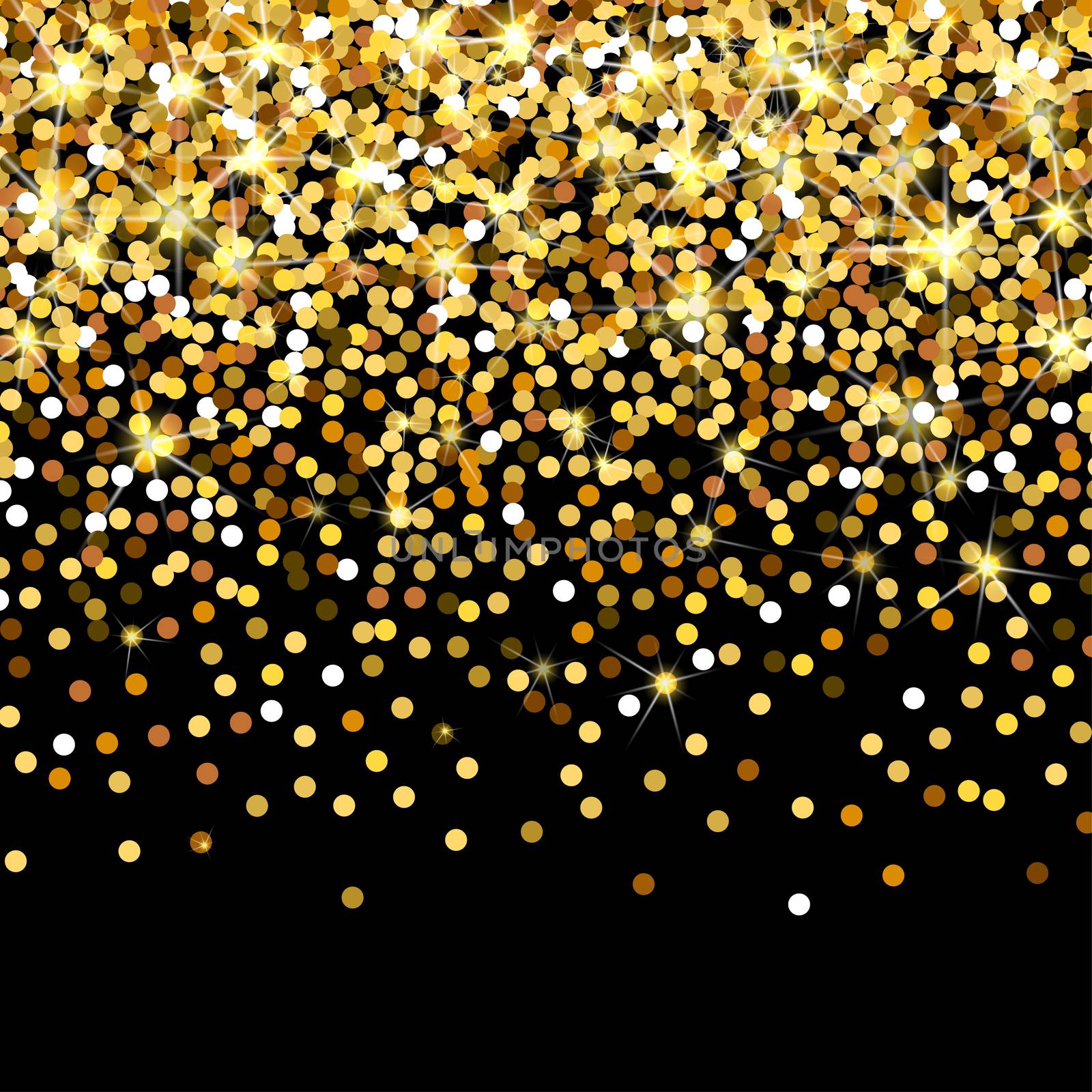 Falling golden particles on a black background. Scattered golden confetti. Bright shining gold. Rich luxury fashion glitter backdrop. Gold round dots.