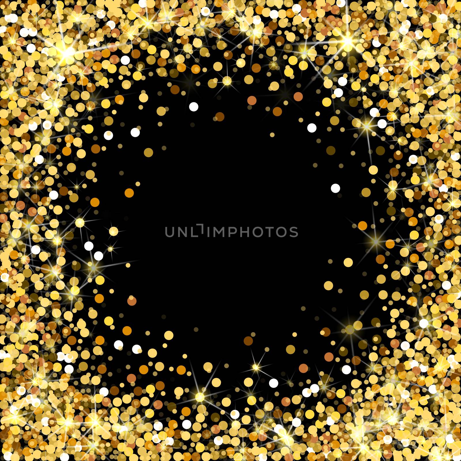 Gold glitter frame with empty space for text. Scattered golden confetti. Golden round dots. Bright shining gold. Rich luxury fashion glitter backdrop. by Elena_Garder